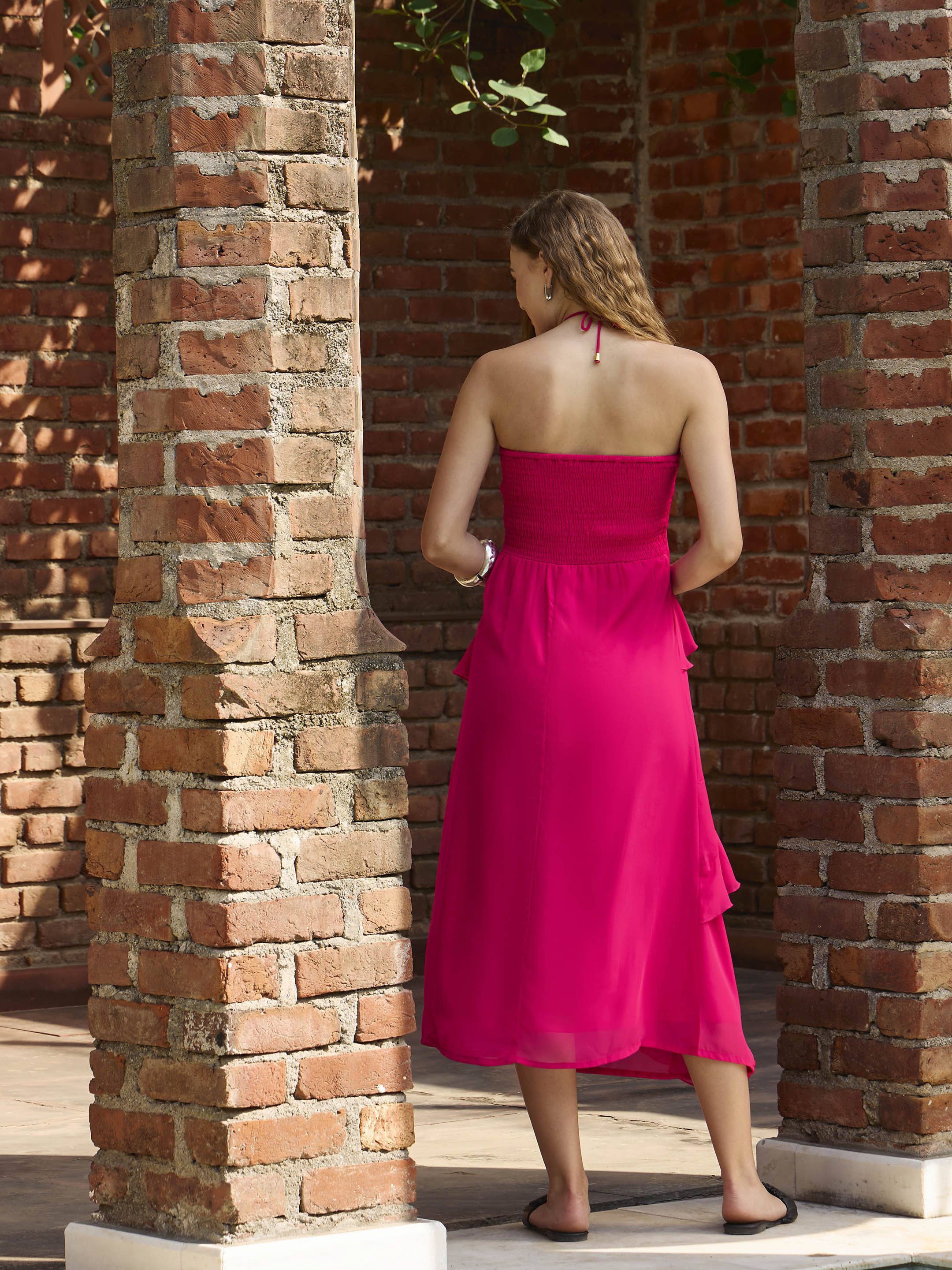 Women Magenta Solid Halter Neck Maxi Dress - Image 5