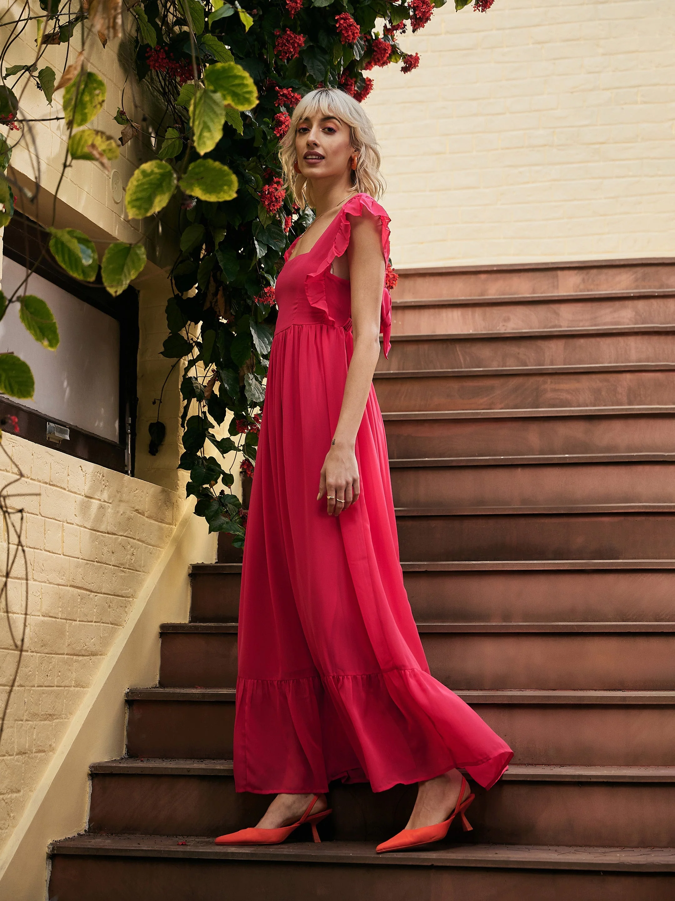 Women Magenta Square Neck Frill Hem Maxi Dress - Image 4