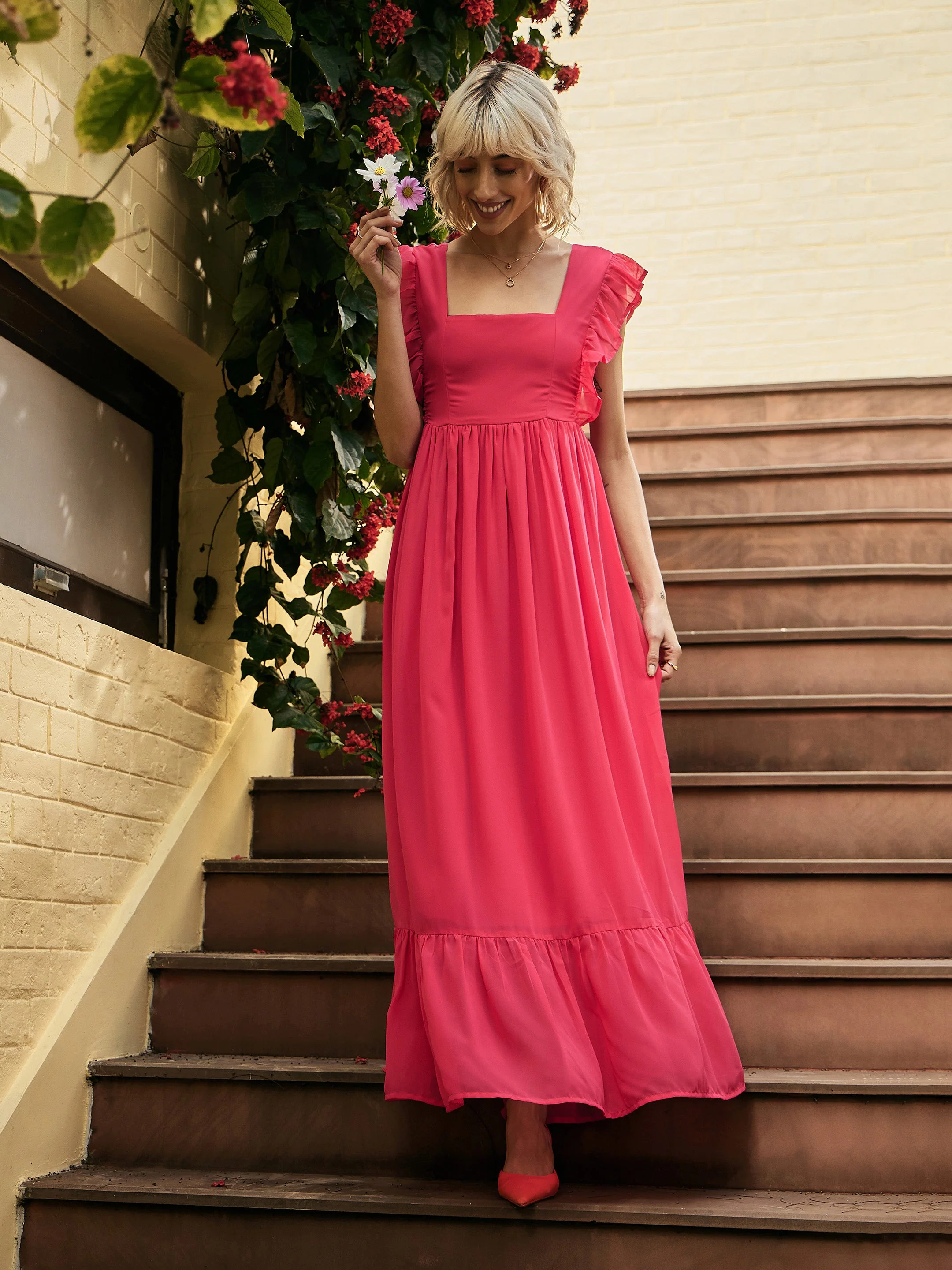 Women Magenta Square Neck Frill Hem Maxi Dress - Image 6