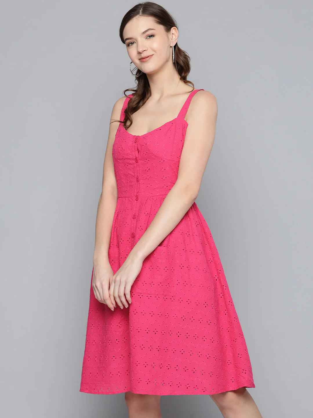 Women Magenta Strappy Front Button Dress - Image 3