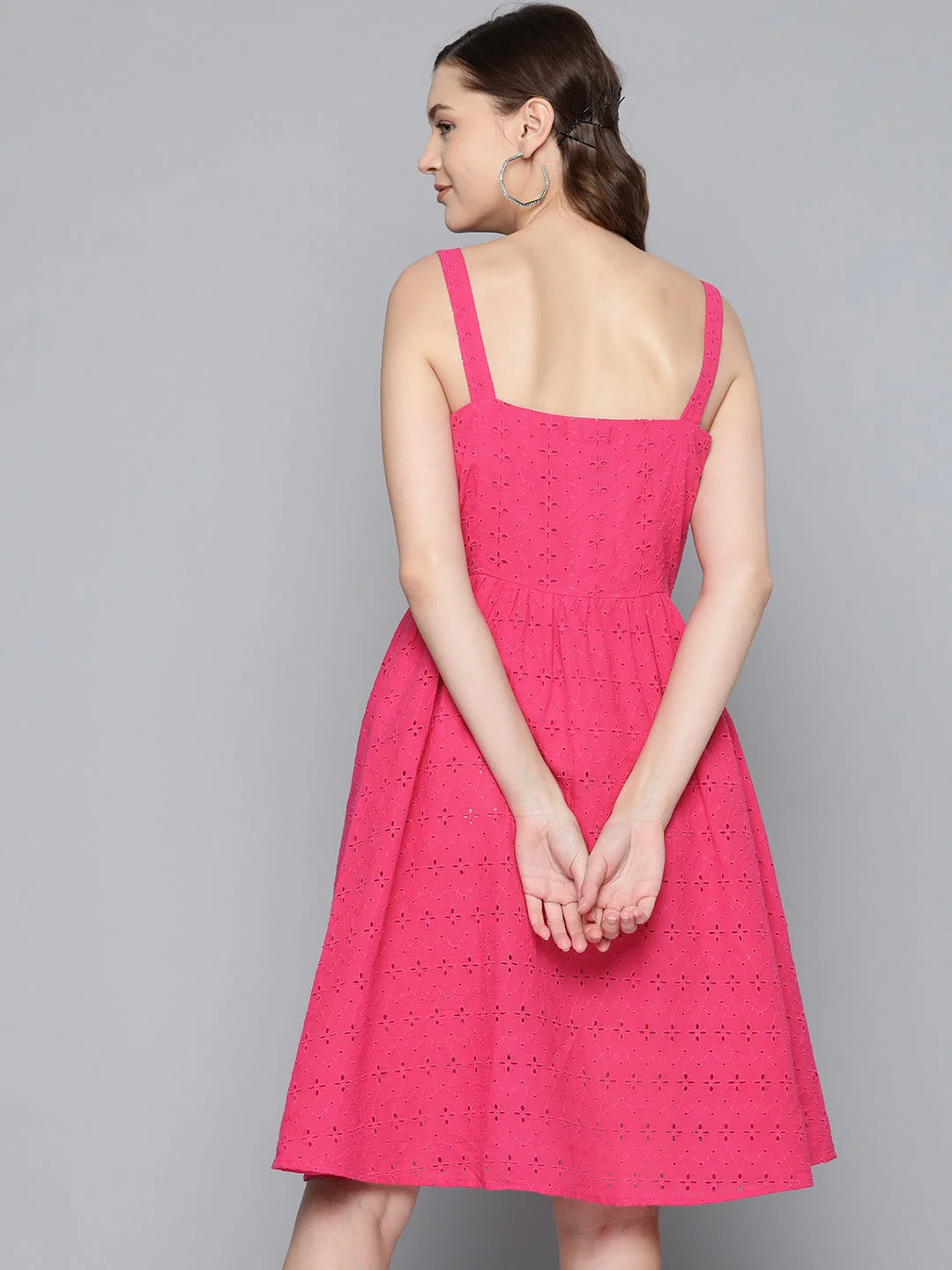 Women Magenta Strappy Front Button Dress - Image 4