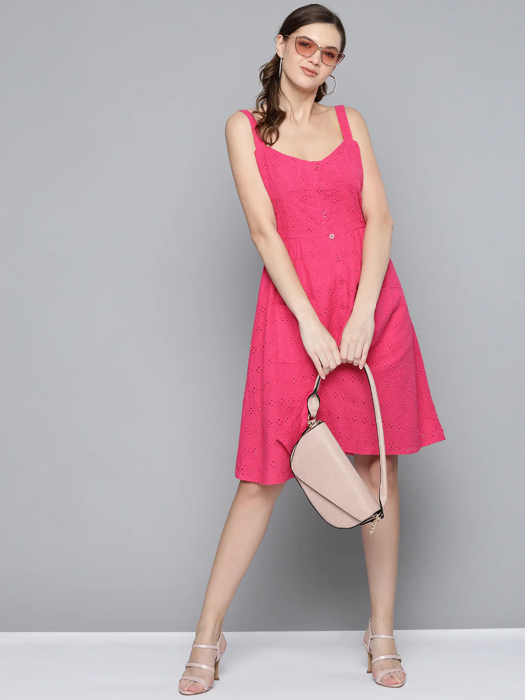 Women Magenta Strappy Front Button Dress - Image 5