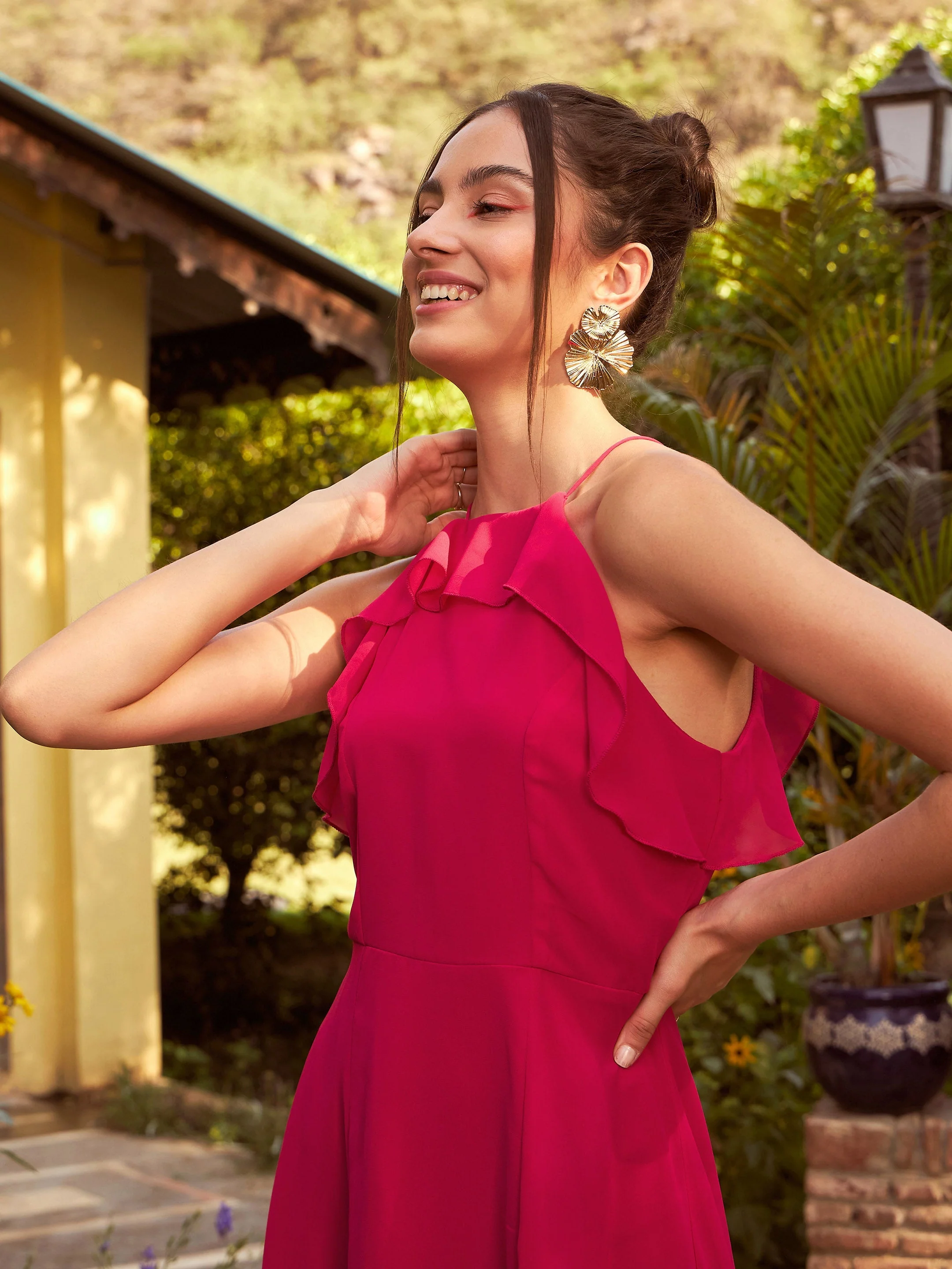 Women Magenta Strappy High Low Midi Dress - Image 4
