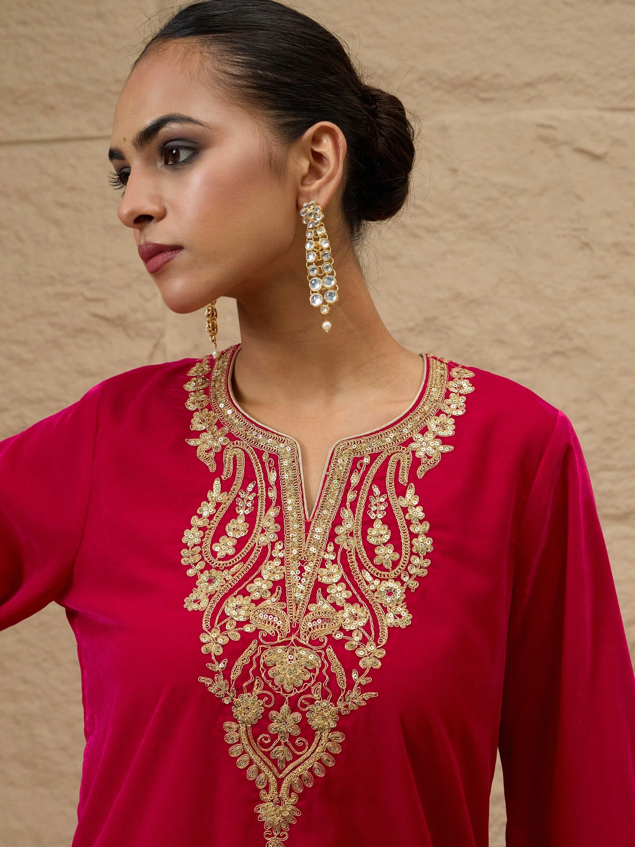 Women Magenta Velvet Embroidered Short Kurta With Farshi Salwar - Image 3