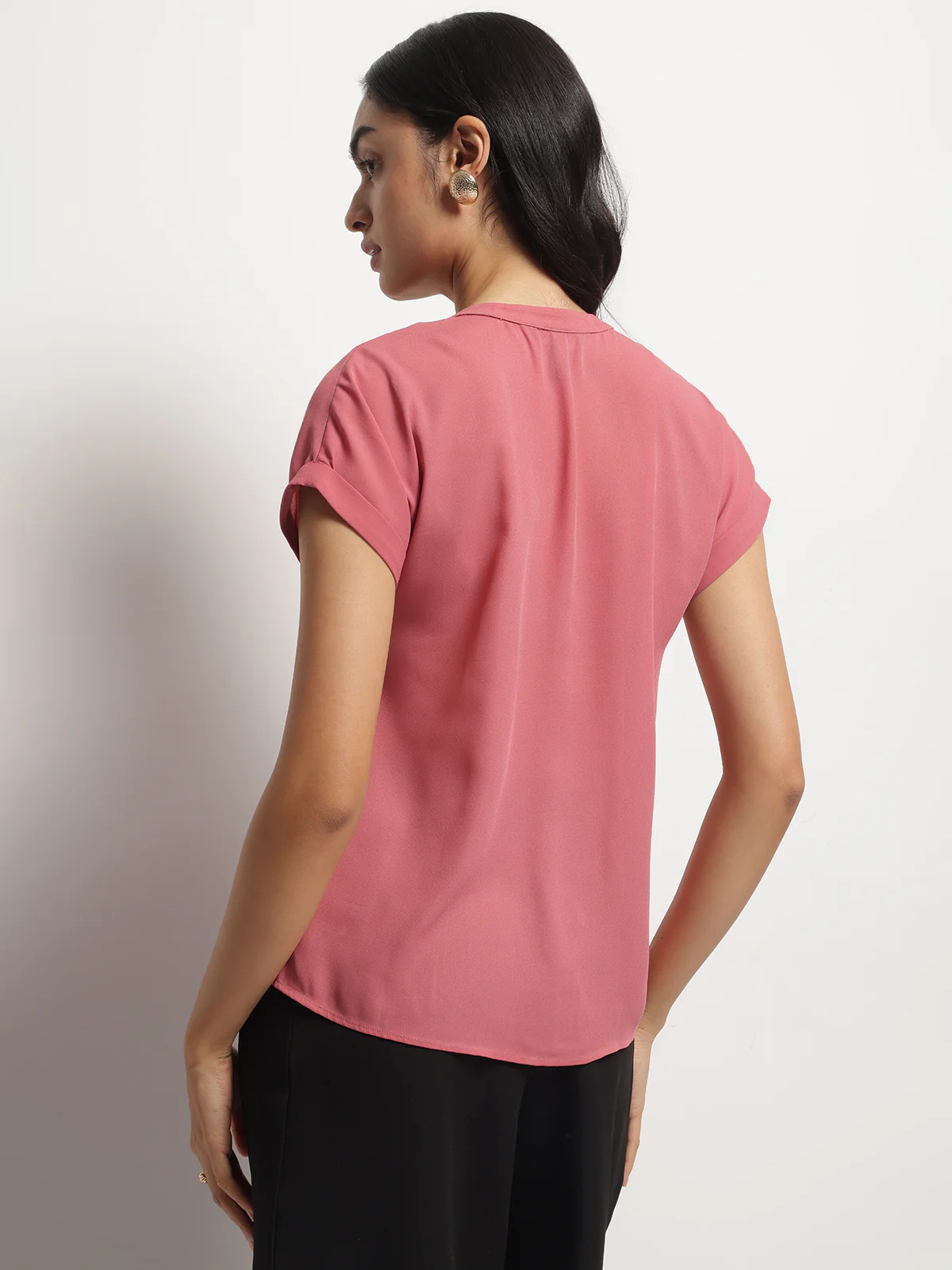 Women Mandarin Collar V-Neck Dolman Sleeves Top - Image 2