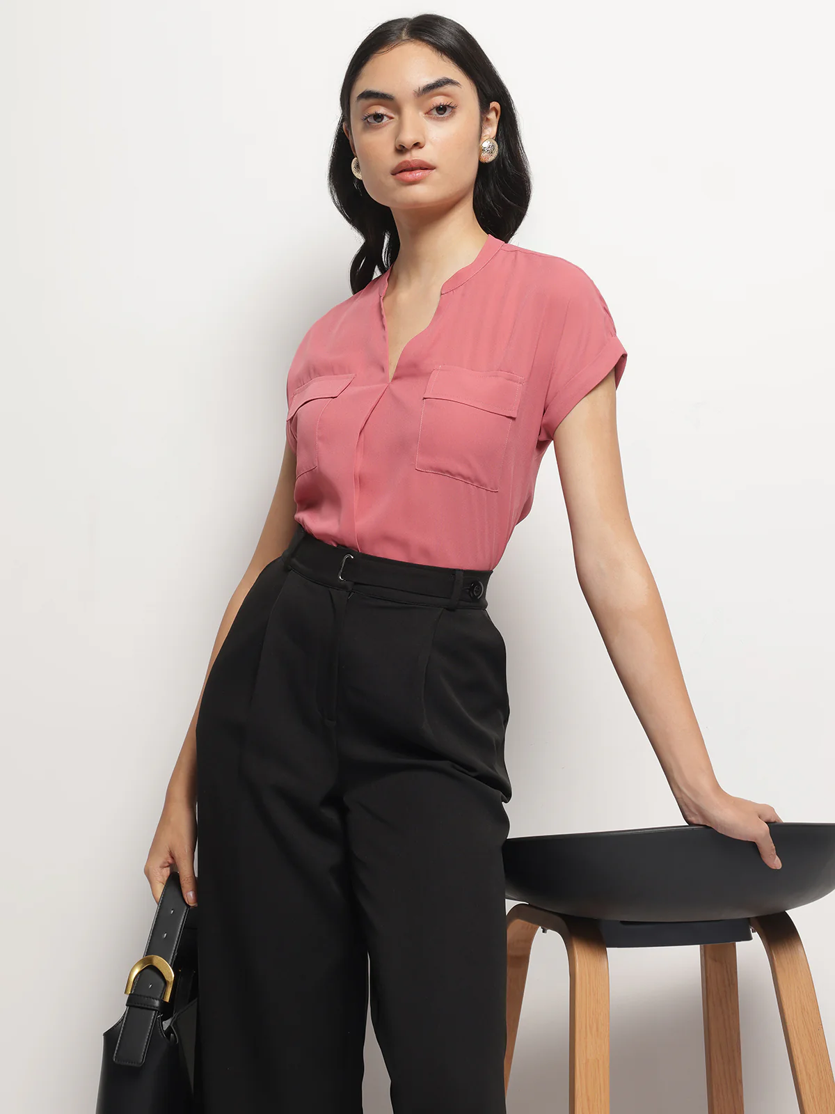 Women Mandarin Collar V-Neck Dolman Sleeves Top - Image 3