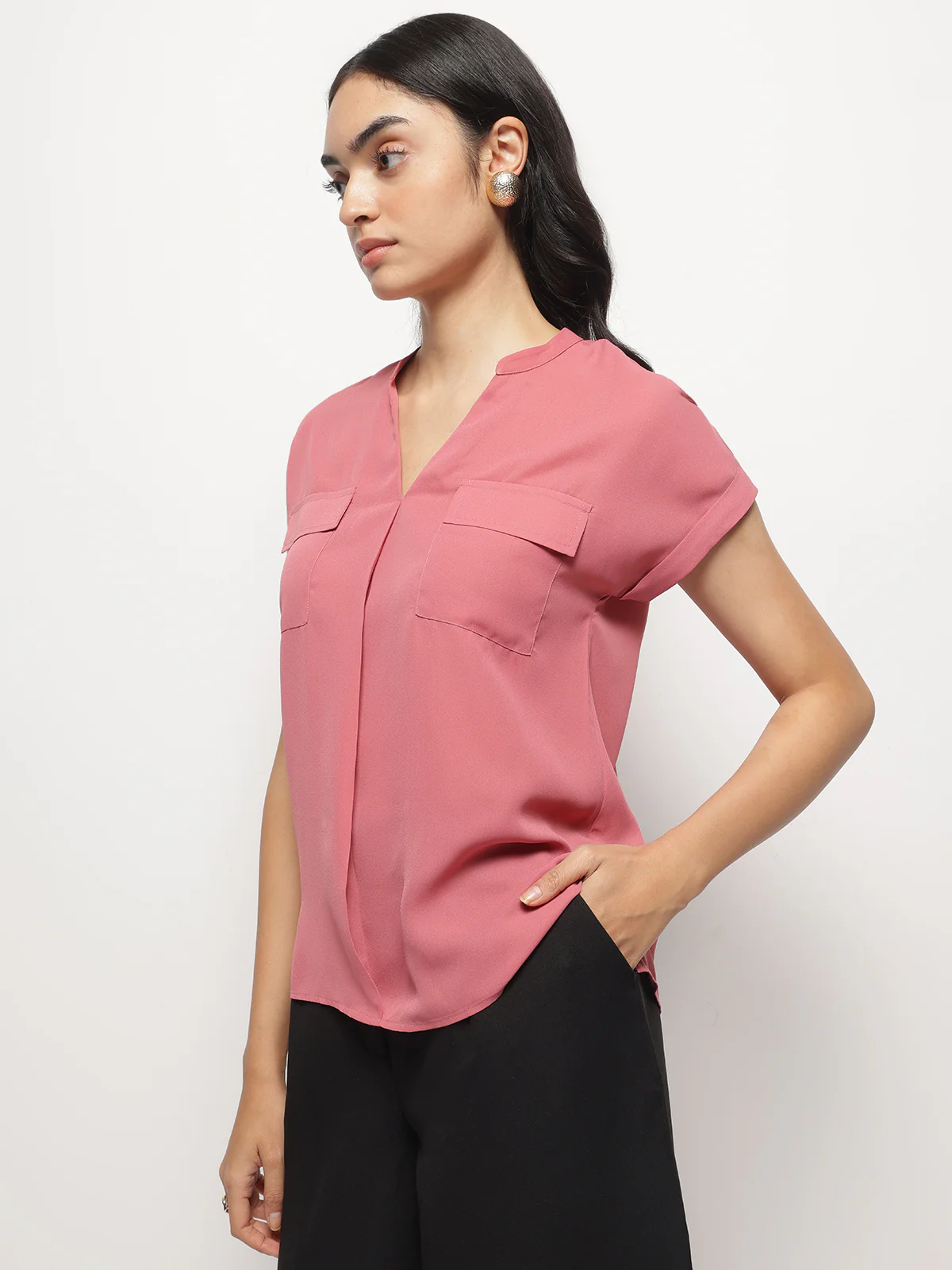 Women Mandarin Collar V-Neck Dolman Sleeves Top - Image 5