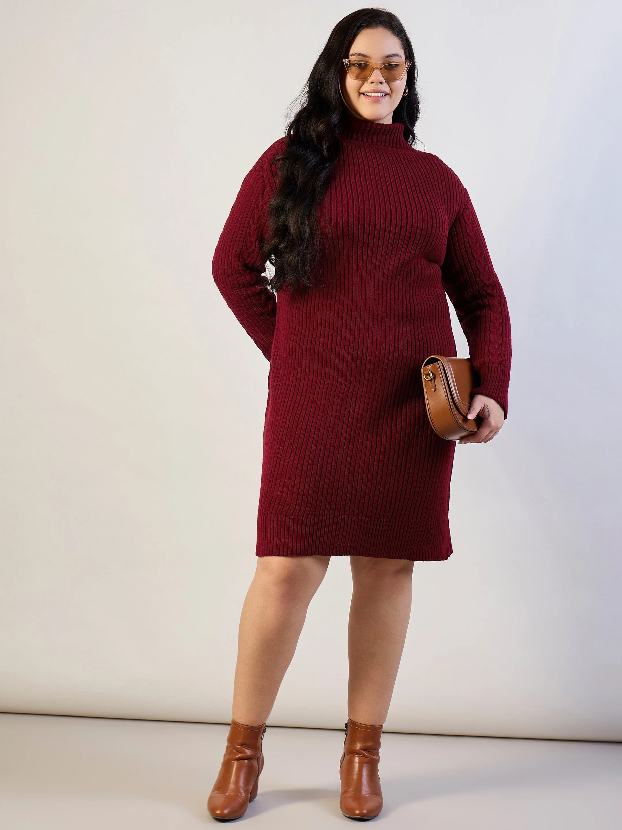 Women Maroon Acrylic Wool High Neck Short Dress - Image 2