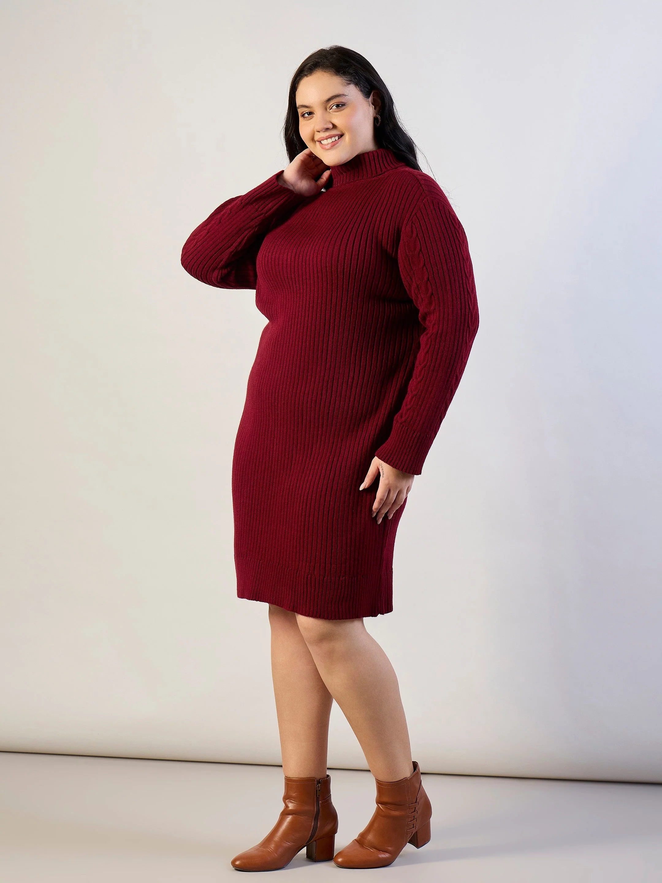 Women Maroon Acrylic Wool High Neck Short Dress - Image 3