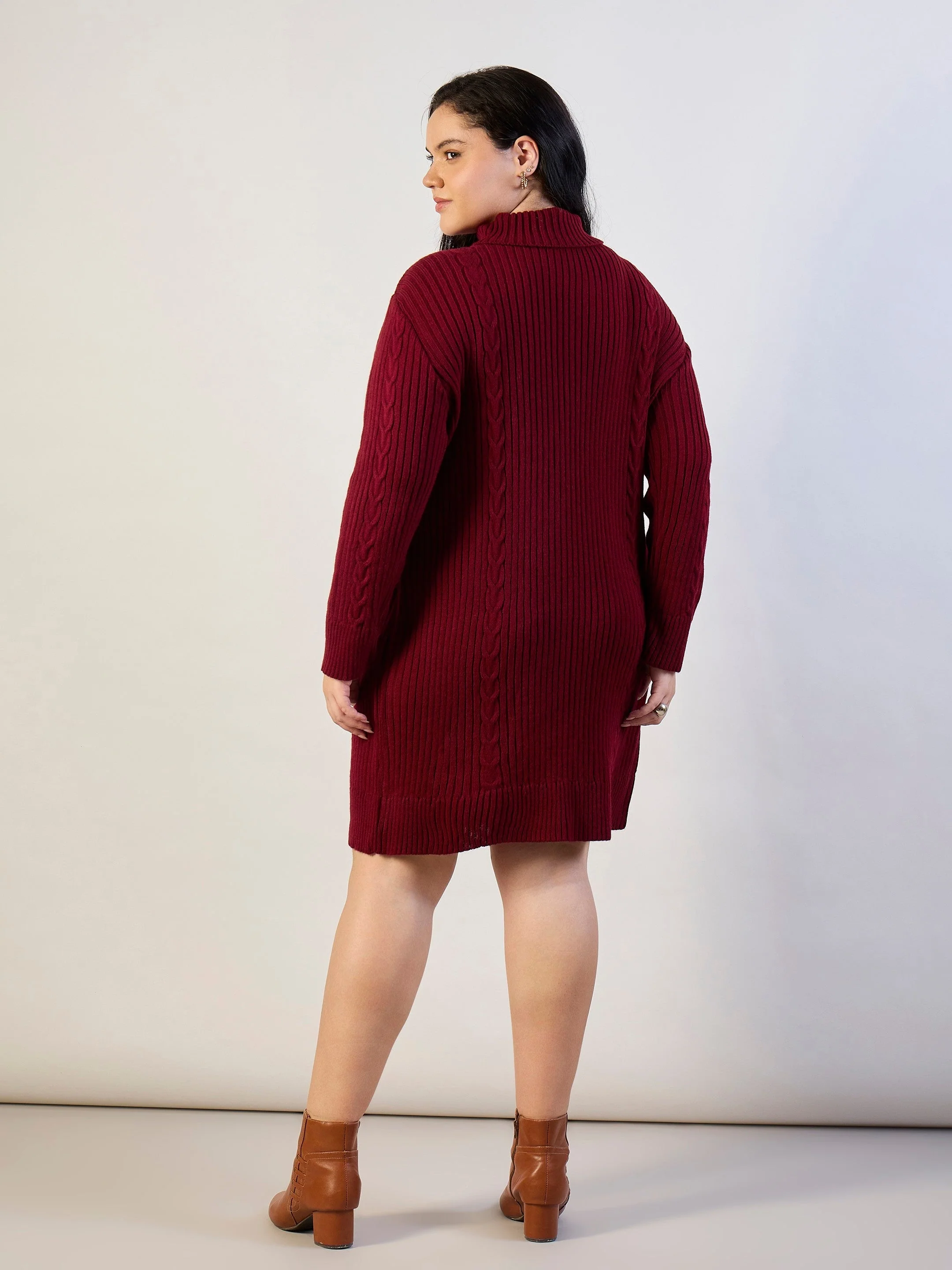 Women Maroon Acrylic Wool High Neck Short Dress - Image 5