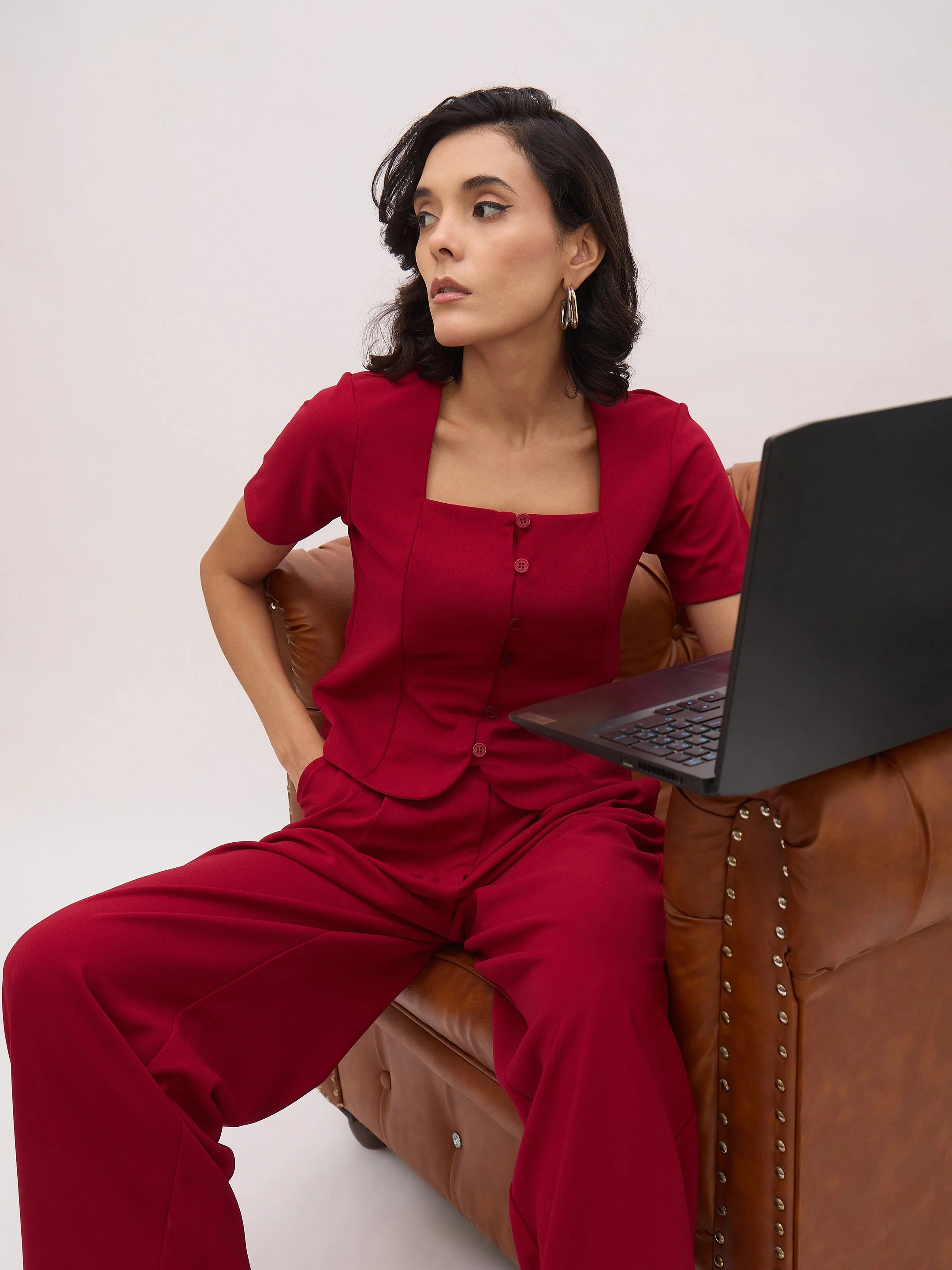 Women Maroon Button Top With Cross Pocket Pants - Image 2