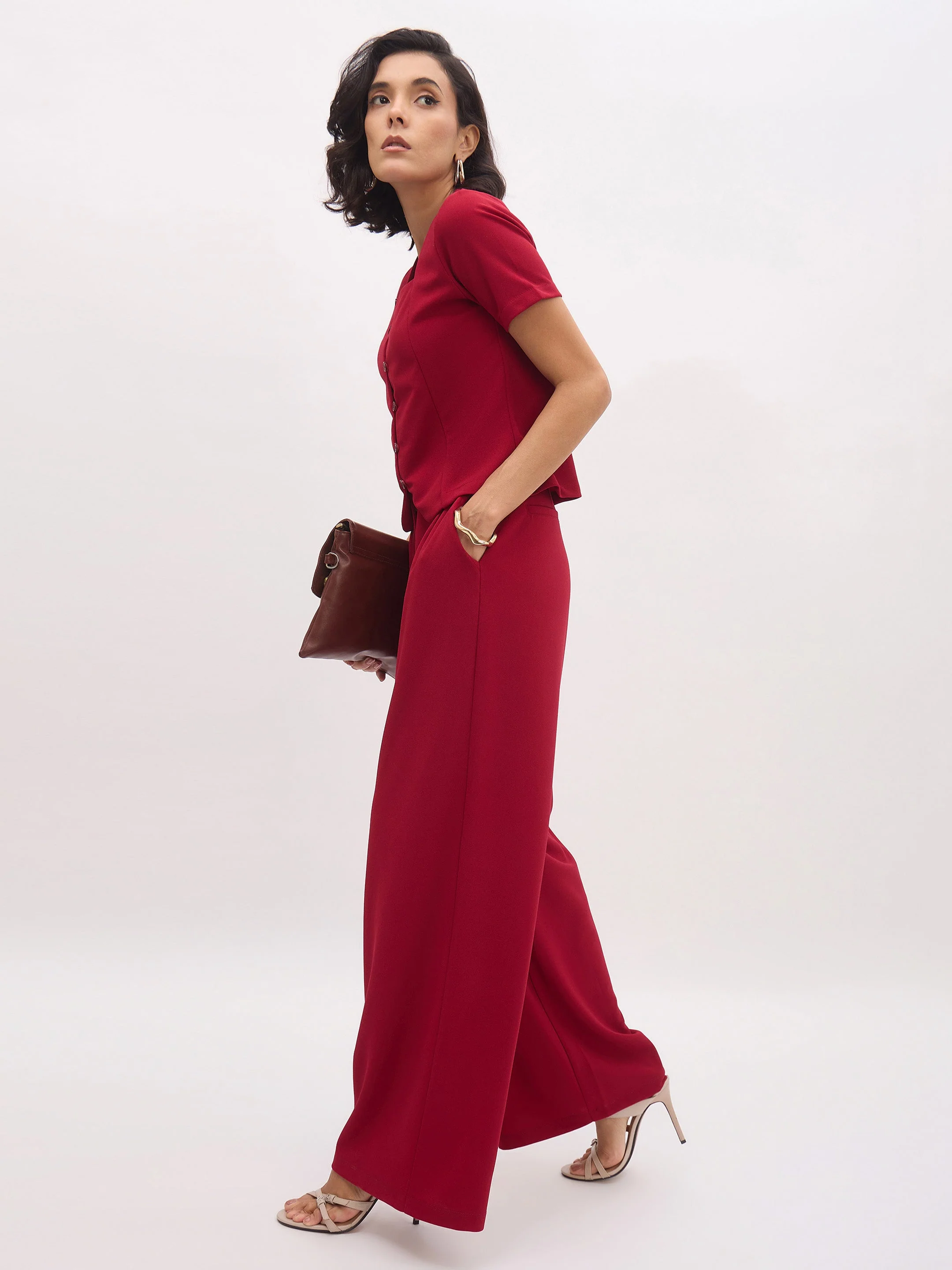 Women Maroon Button Top With Cross Pocket Pants - Image 3