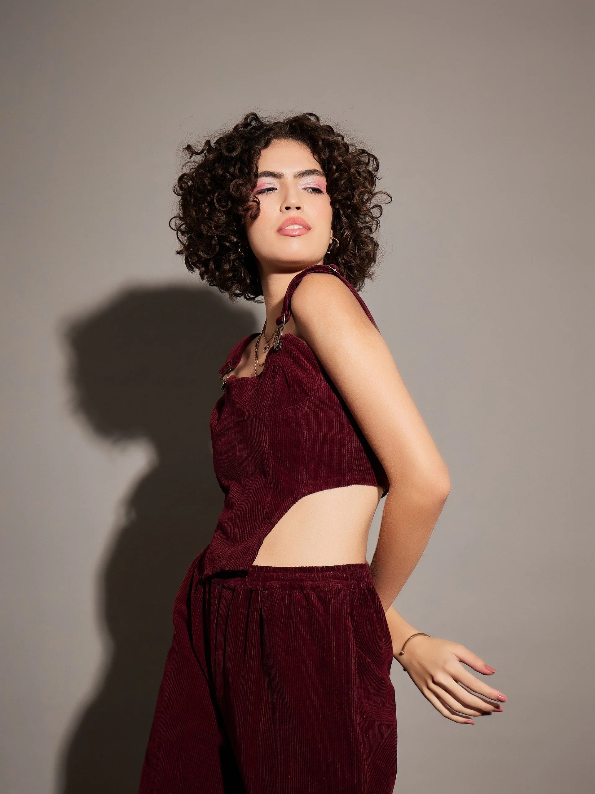 Women Maroon Corduroy Bustier Crop Top - Image 3