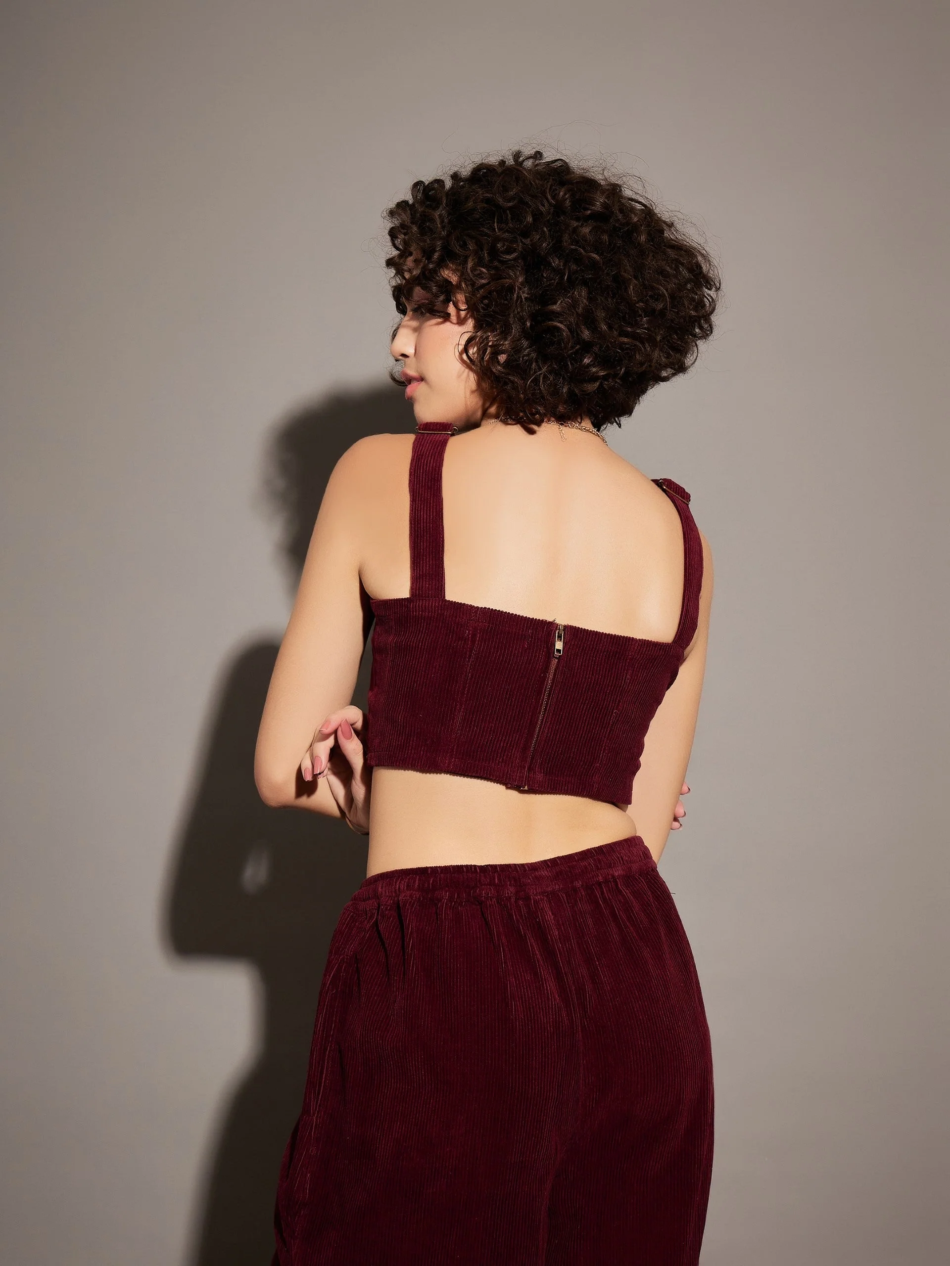 Women Maroon Corduroy Bustier Crop Top - Image 5