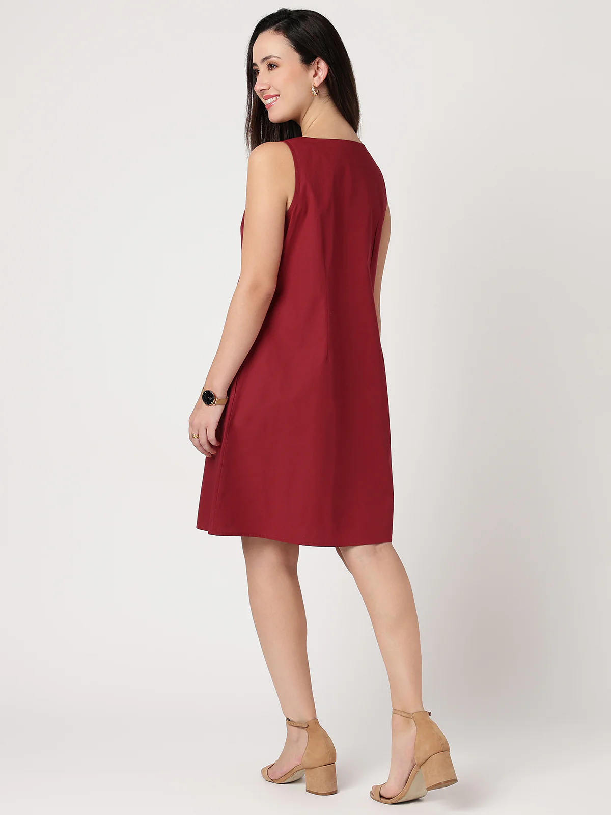 Women Maroon Cotton Buttoned Dress - Image 2