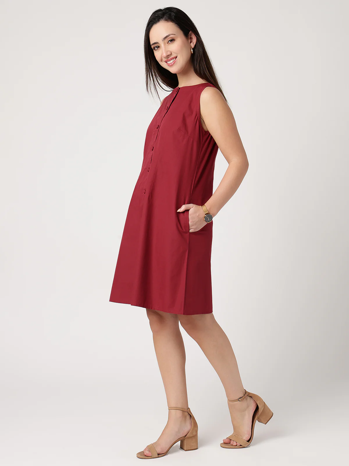 Women Maroon Cotton Buttoned Dress - Image 3