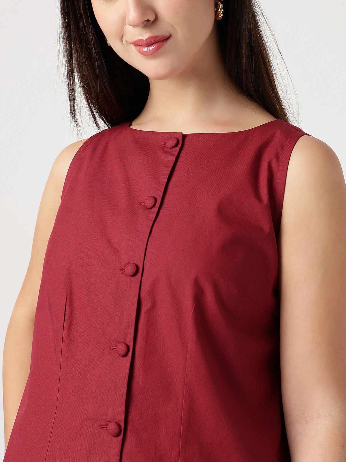 Women Maroon Cotton Buttoned Dress - Image 5