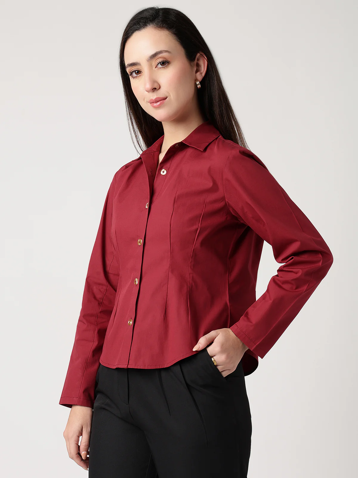 Women Maroon Cotton Shirt - Image 3
