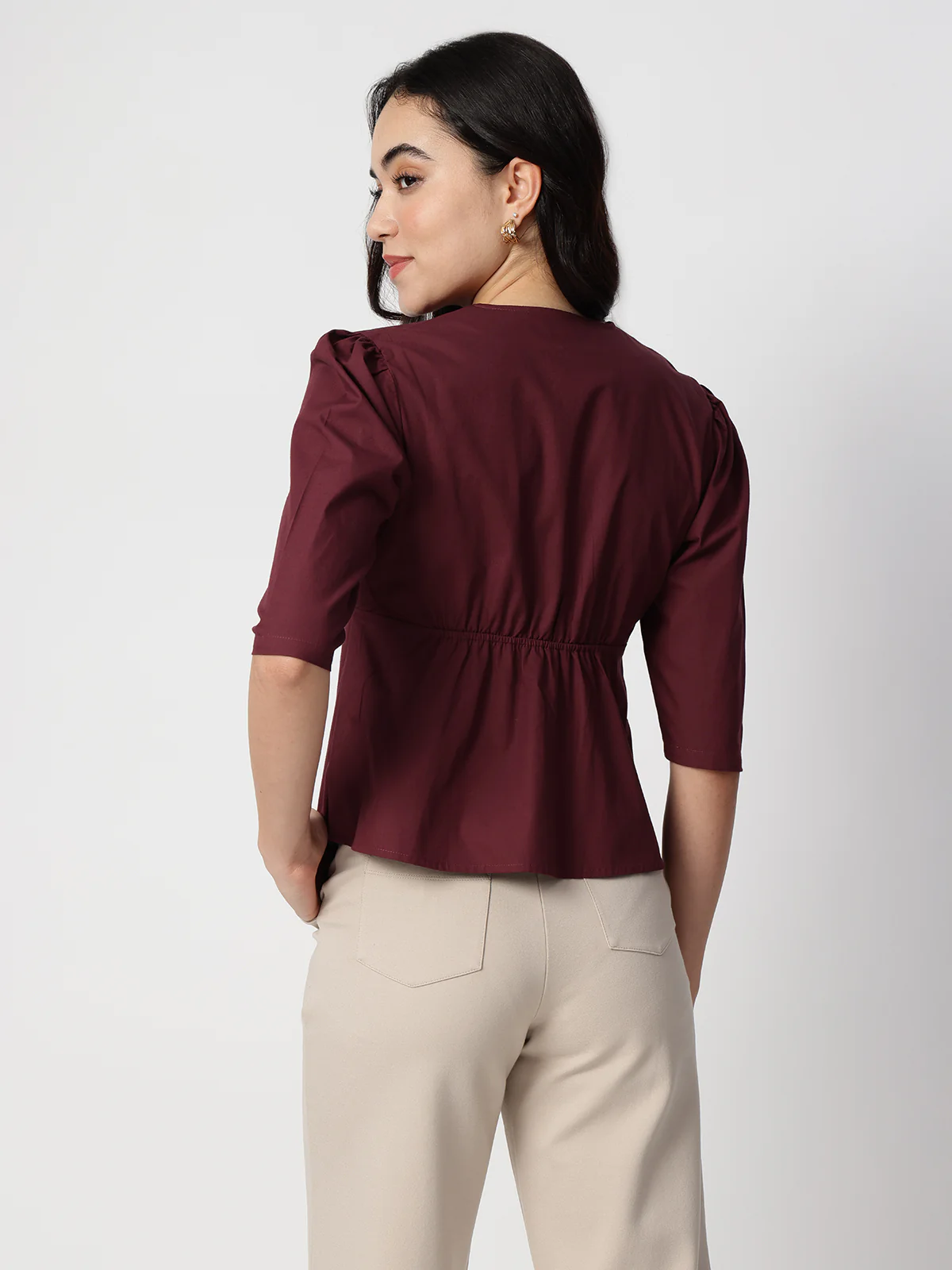 Women Maroon Cotton Three-Quarter Sleeve Shirt - Image 2