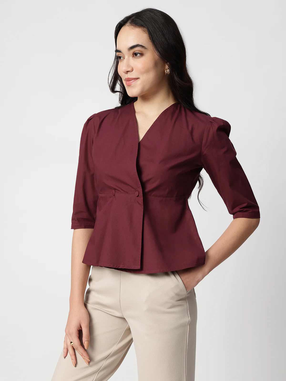 Women Maroon Cotton Three-Quarter Sleeve Shirt - Image 3