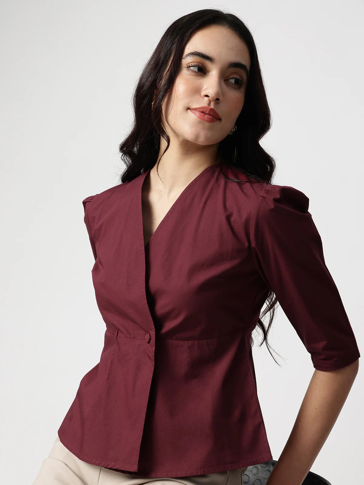 Women Maroon Cotton Three-Quarter Sleeve Shirt - Image 5