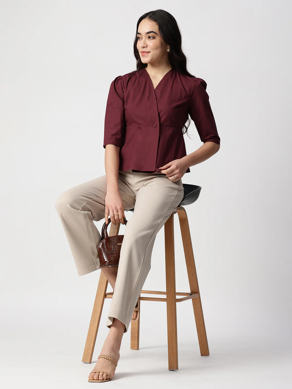 Women Maroon Cotton Three-Quarter Sleeve Shirt - Image 6