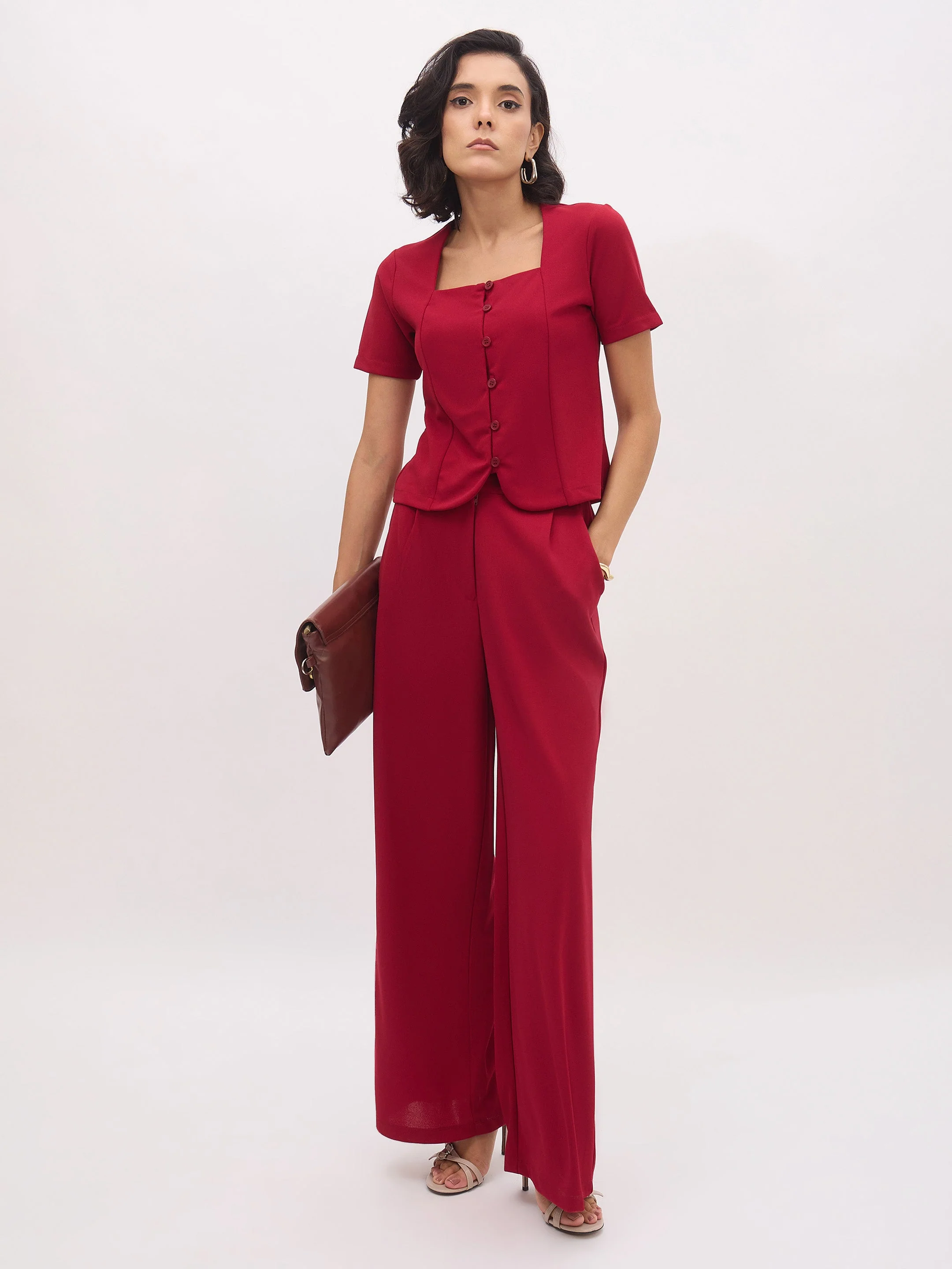 Women Maroon Cross Pocket Pants - Image 2