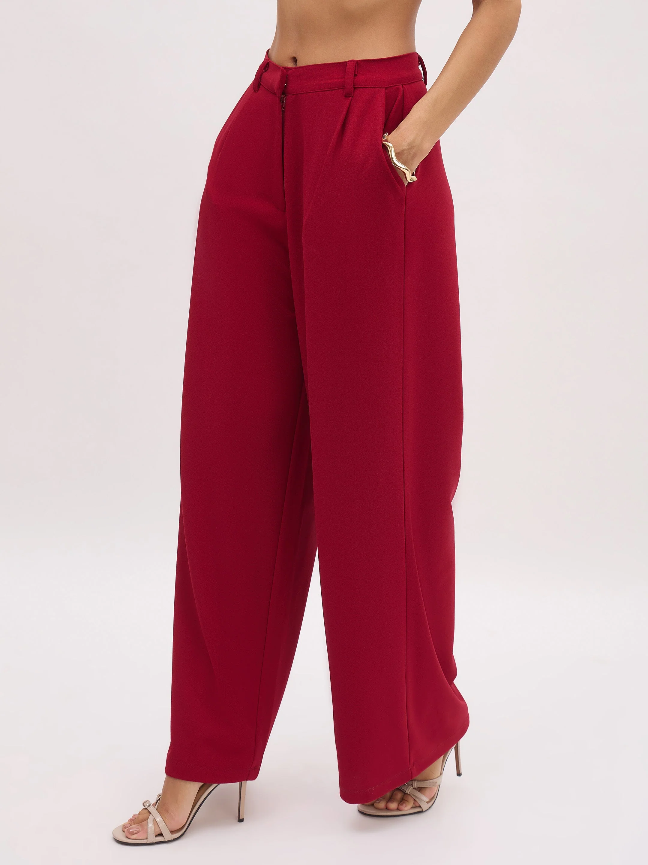 Women Maroon Cross Pocket Pants - Image 3