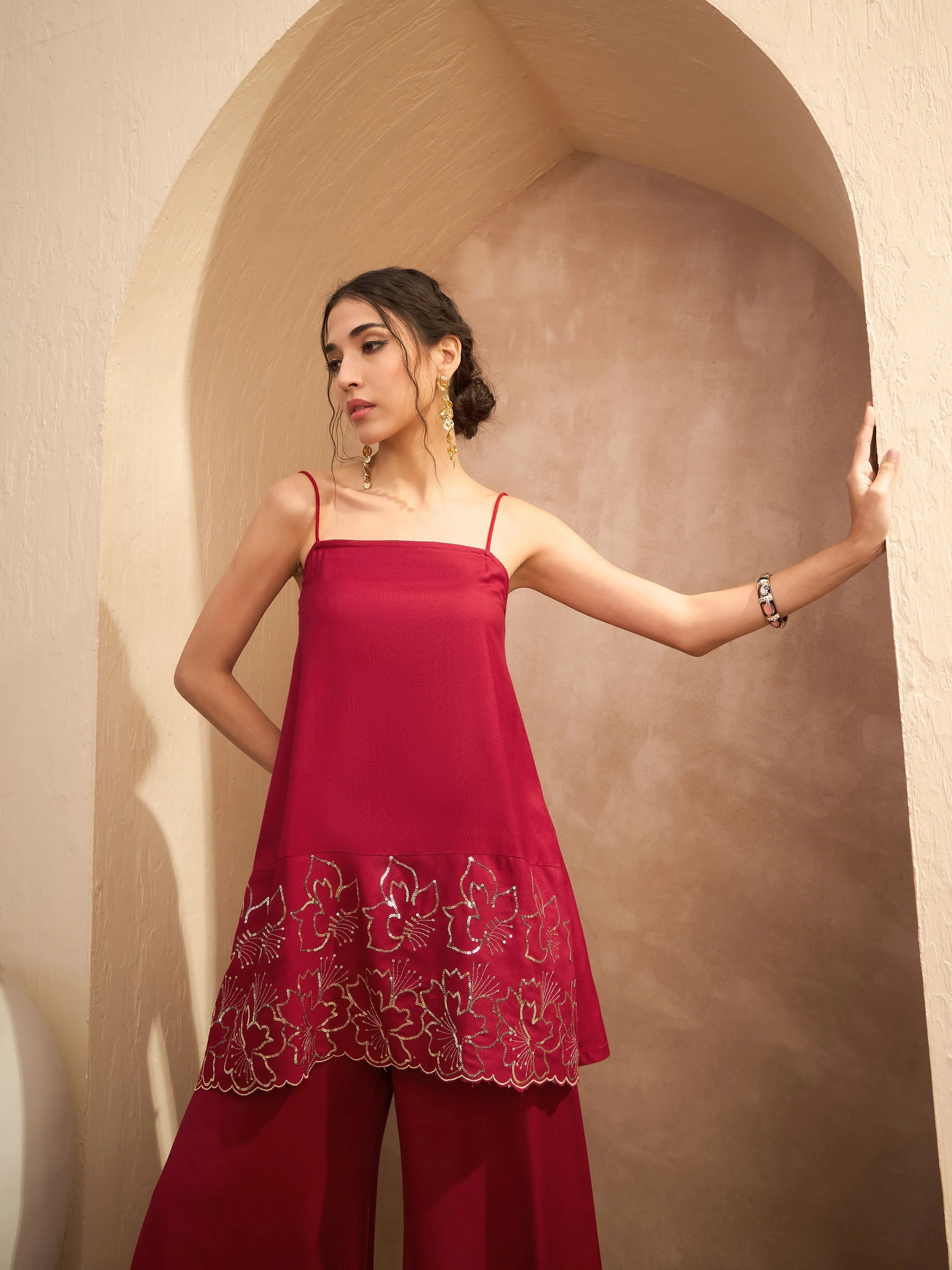 Women Maroon Embroidered Strappy Kurta With Palazzos - Image 2