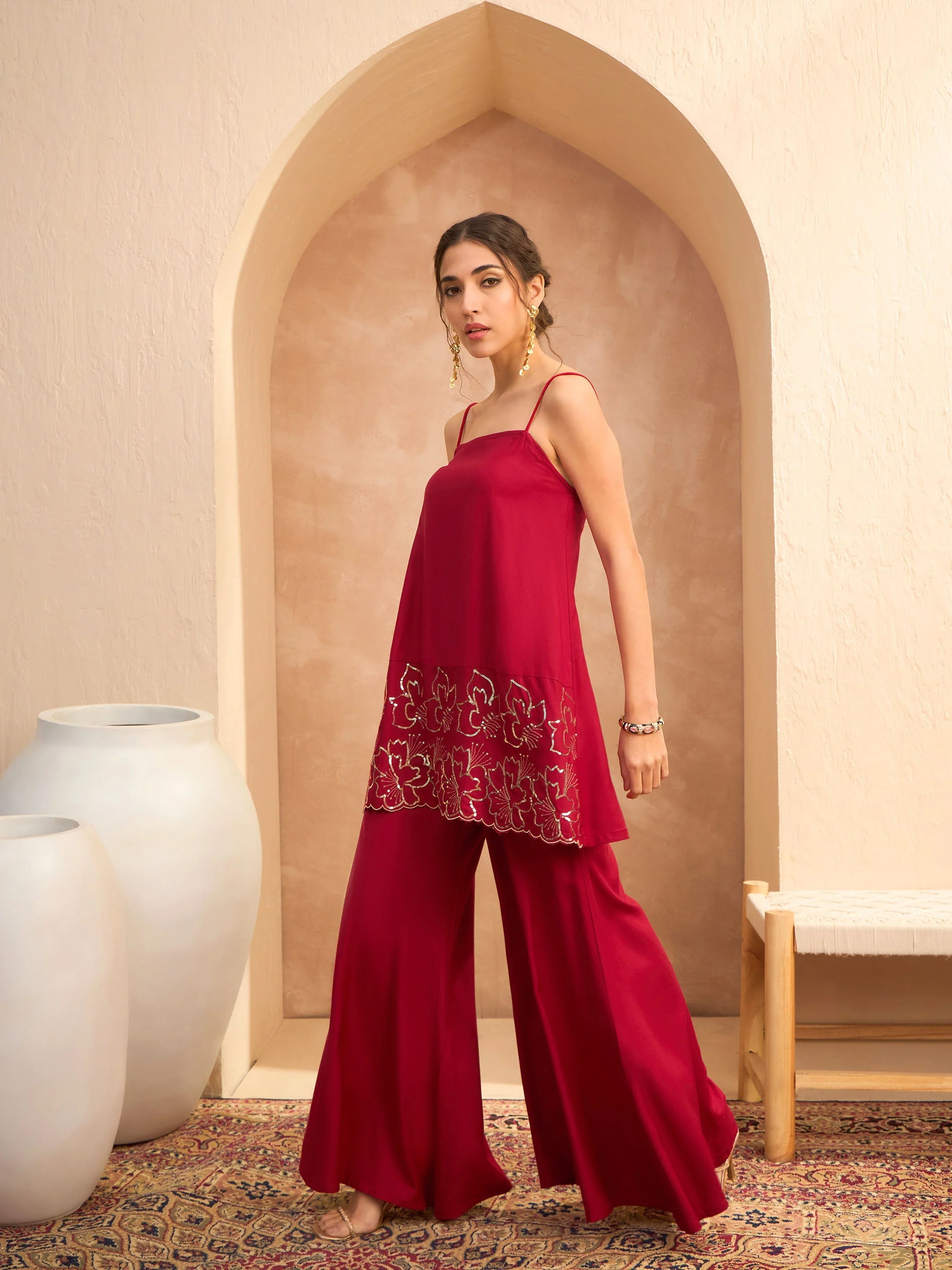 Women Maroon Embroidered Strappy Kurta With Palazzos - Image 3
