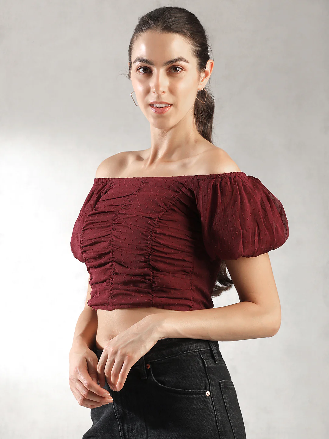 Women Maroon Fitted Crop Top - Image 4