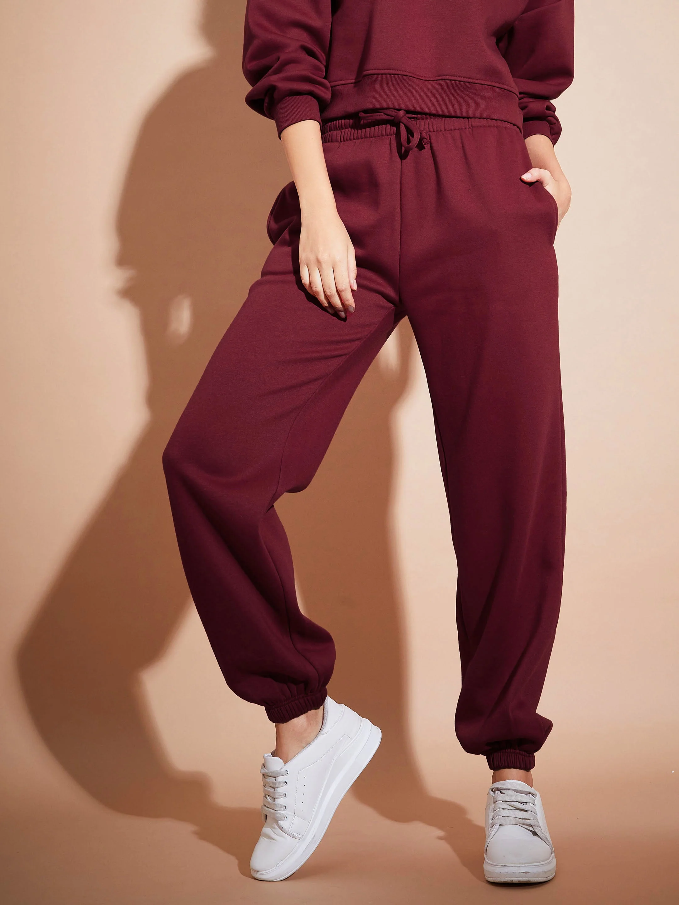 Women Maroon Fleece Baggy Joggers