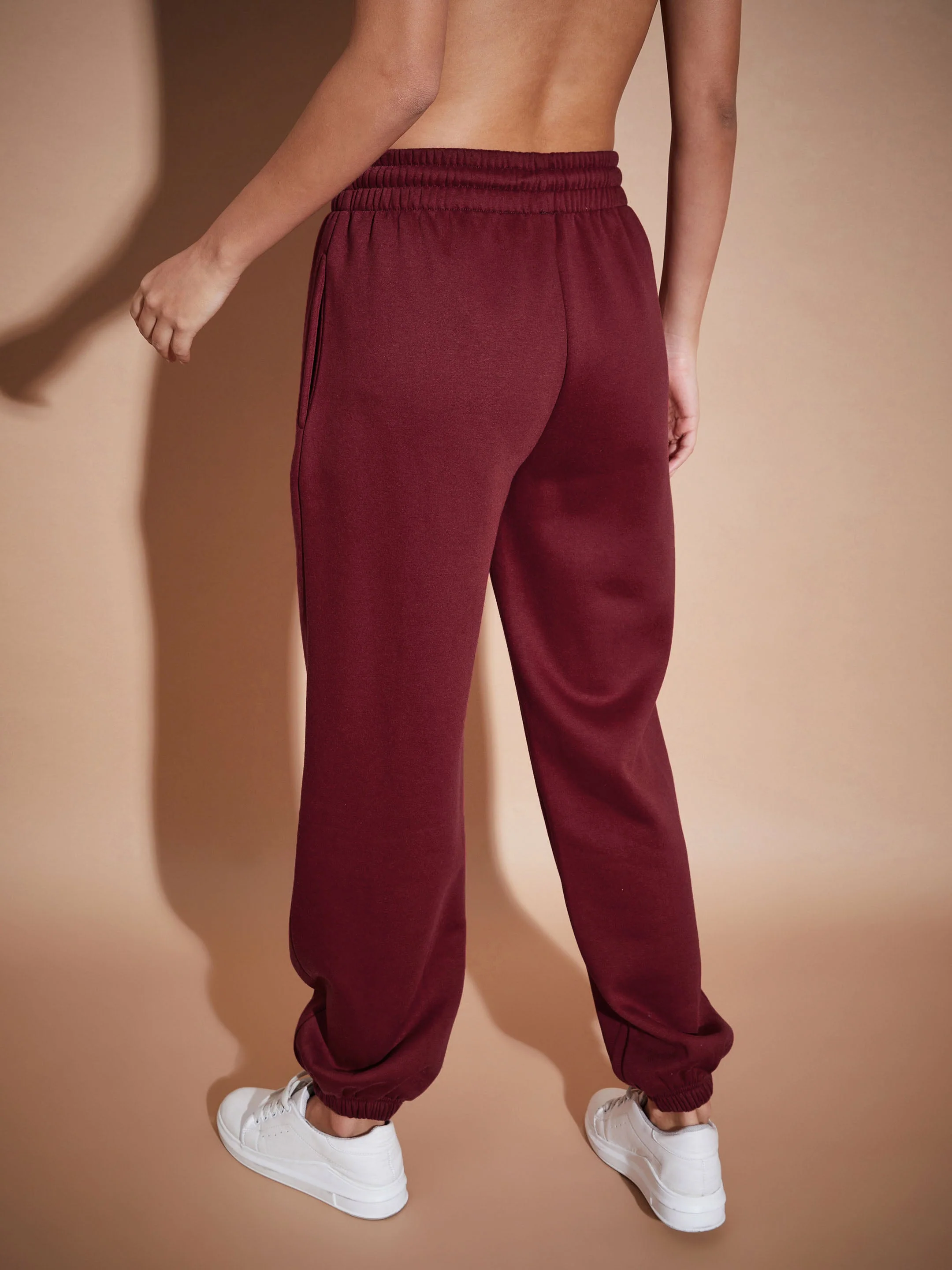 Women Maroon Fleece Baggy Joggers - Image 2