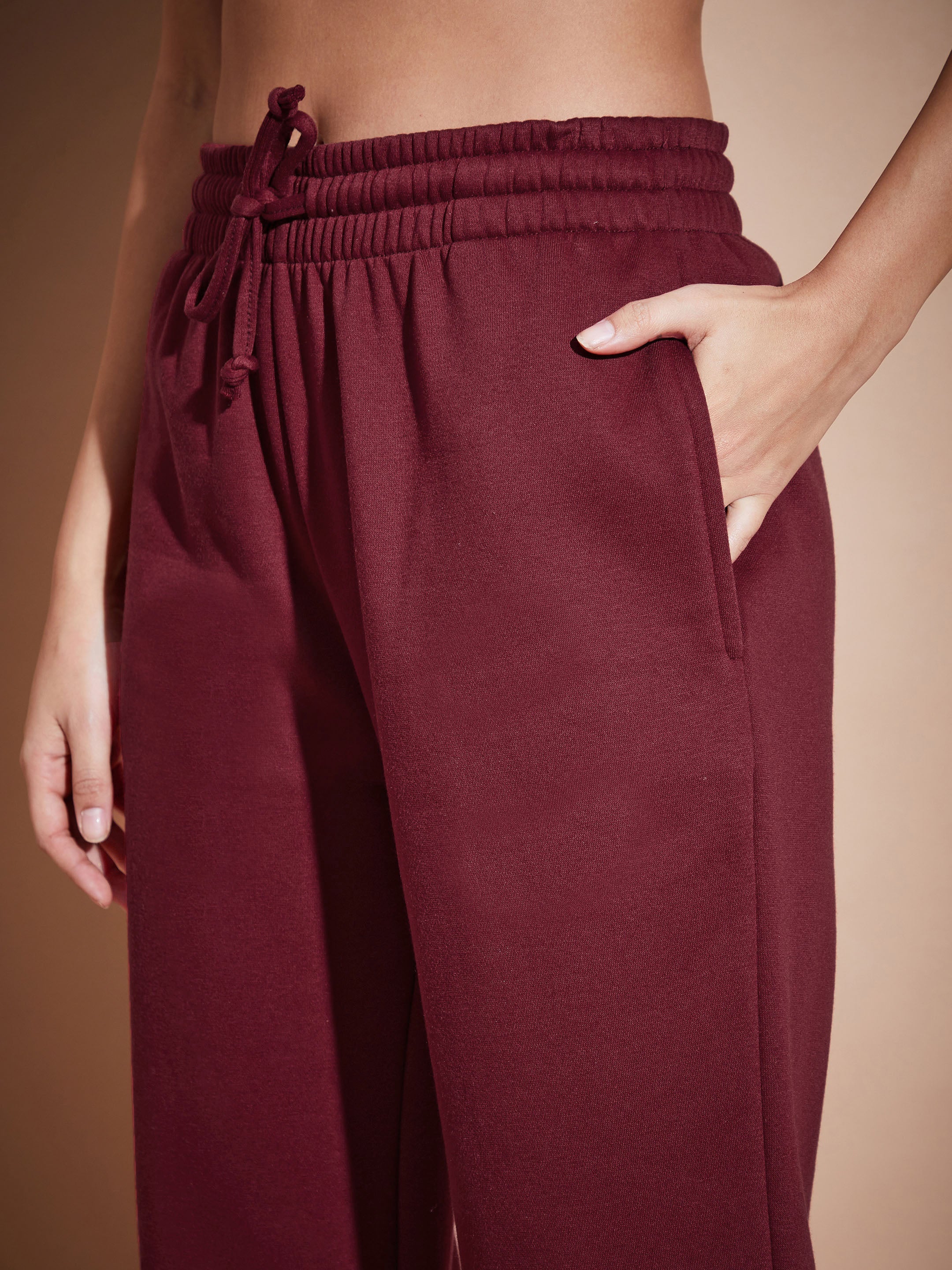 Women Maroon Fleece Baggy Joggers - Image 3