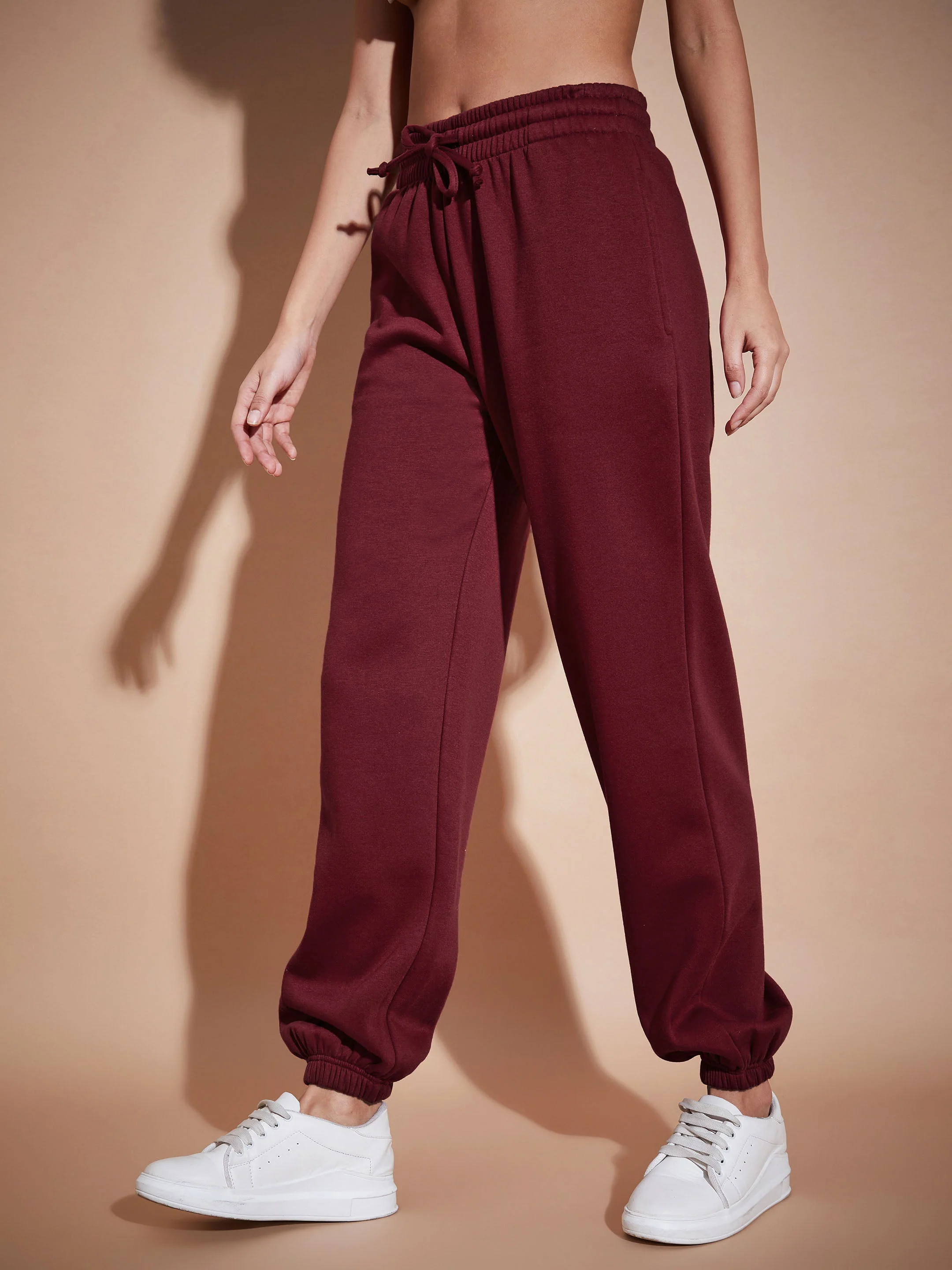 Women Maroon Fleece Baggy Joggers - Image 4