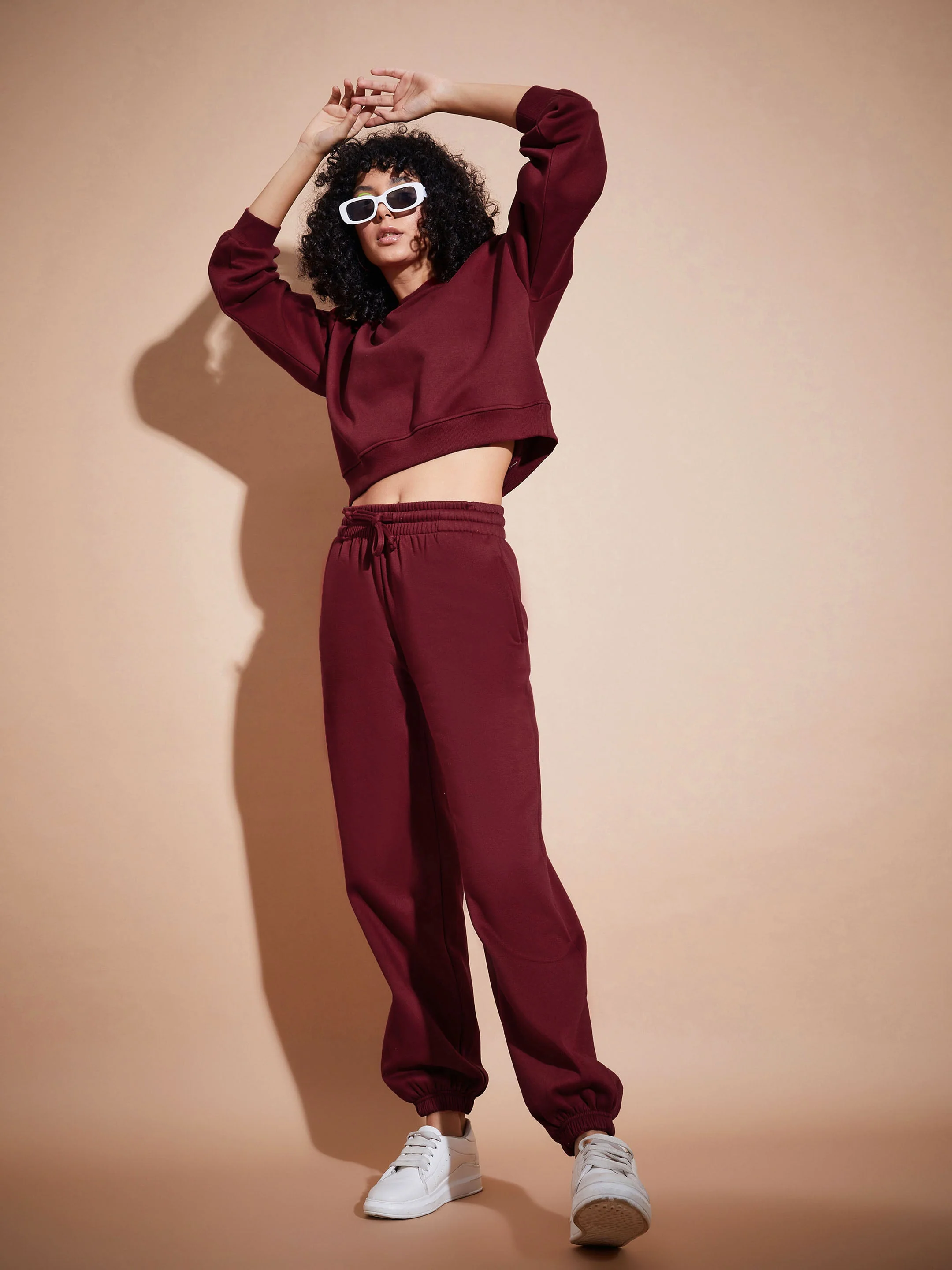 Women Maroon Fleece Baggy Joggers - Image 5