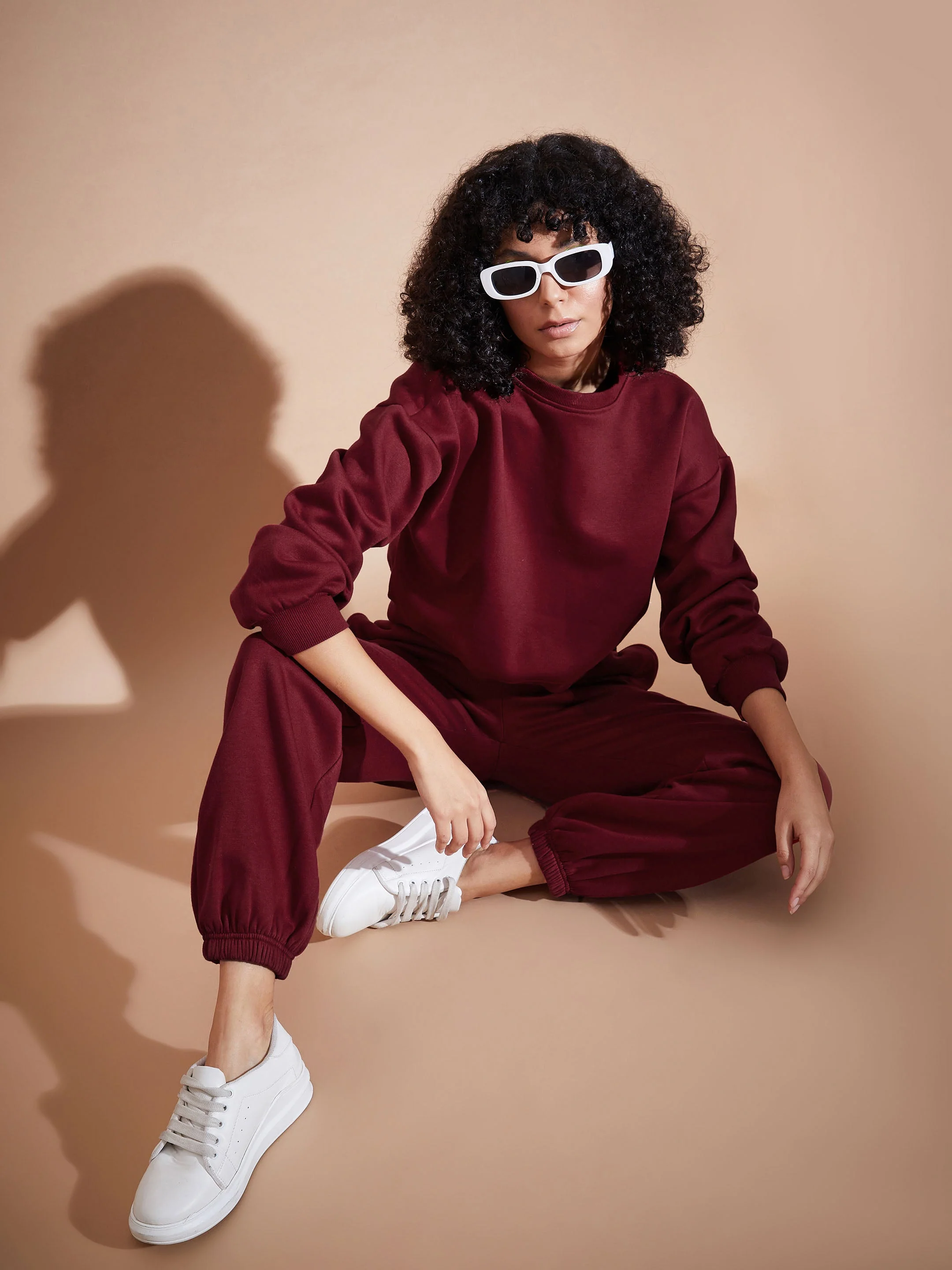 Women Maroon Fleece Baggy Joggers - Image 6