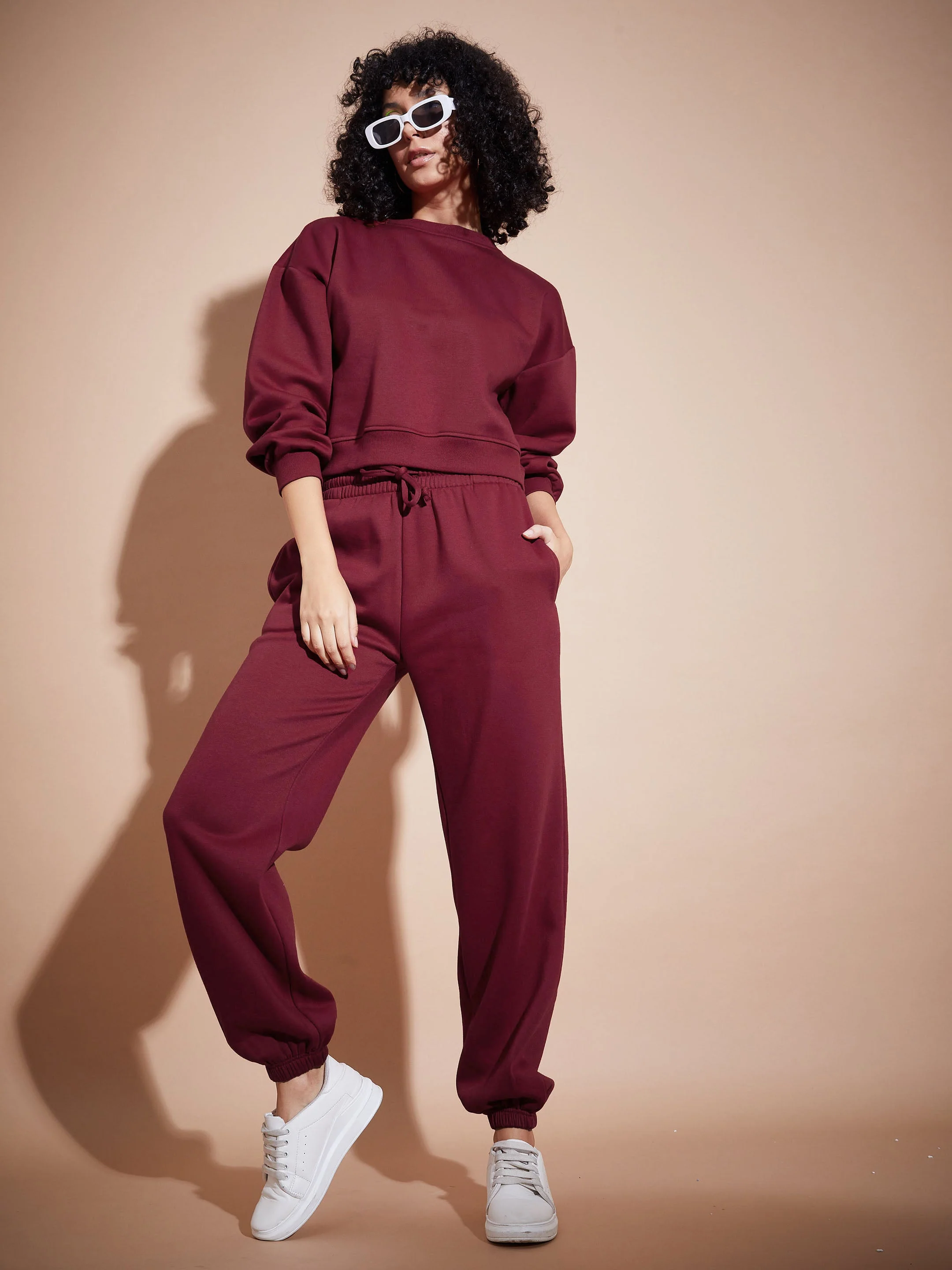 Women Maroon Fleece Oversized Sweatshirt With Joggers - Image 6