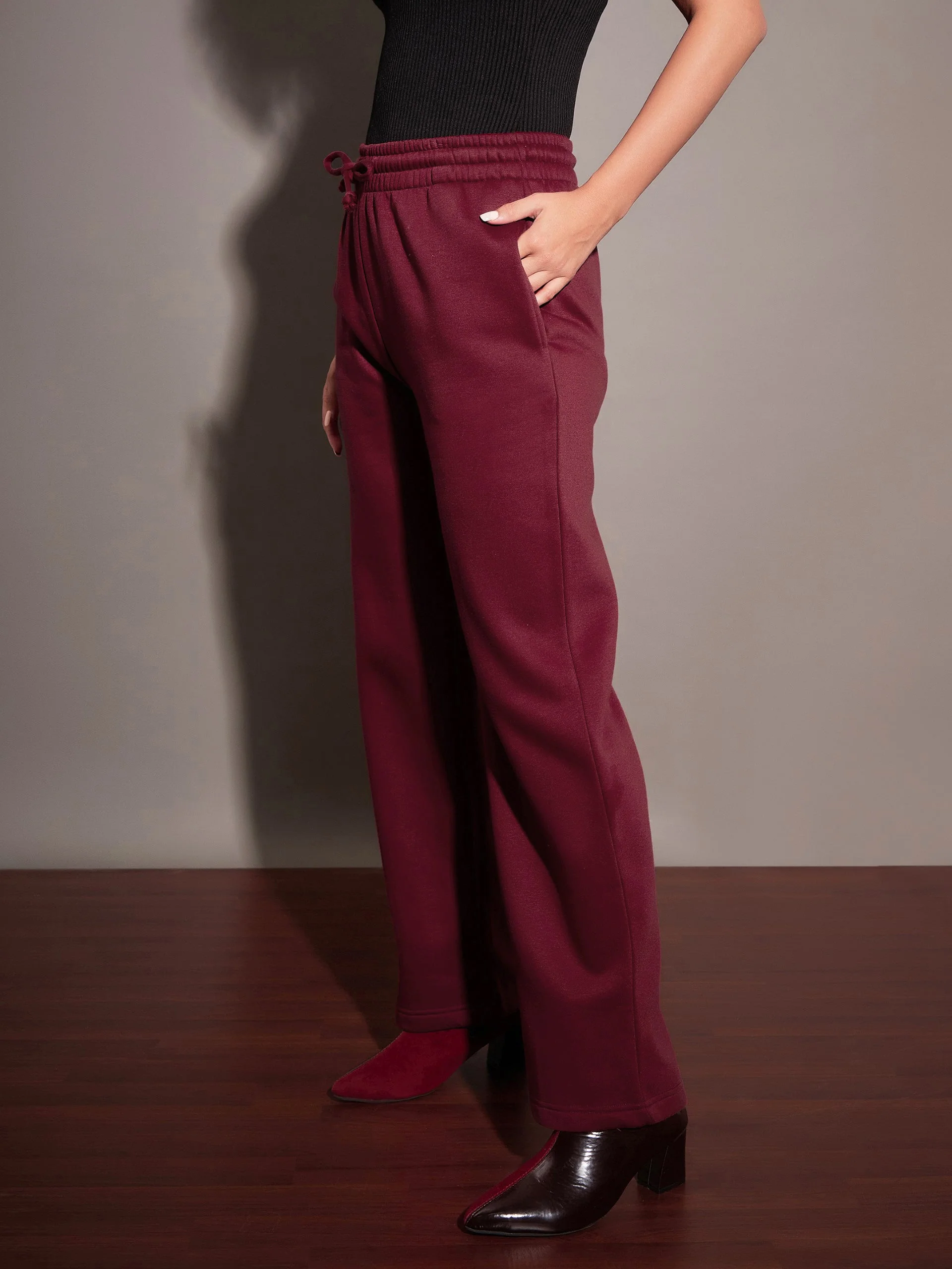 Women Maroon Fleece Track Pants - Image 3