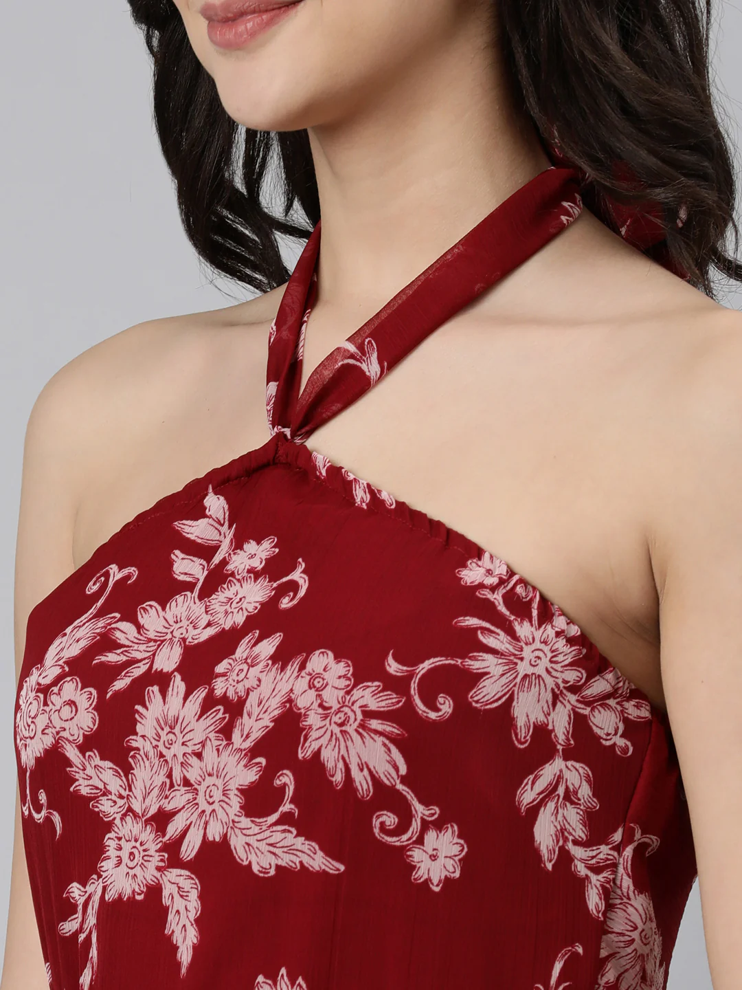 Women Maroon Floral Chiffon Dress - Image 2