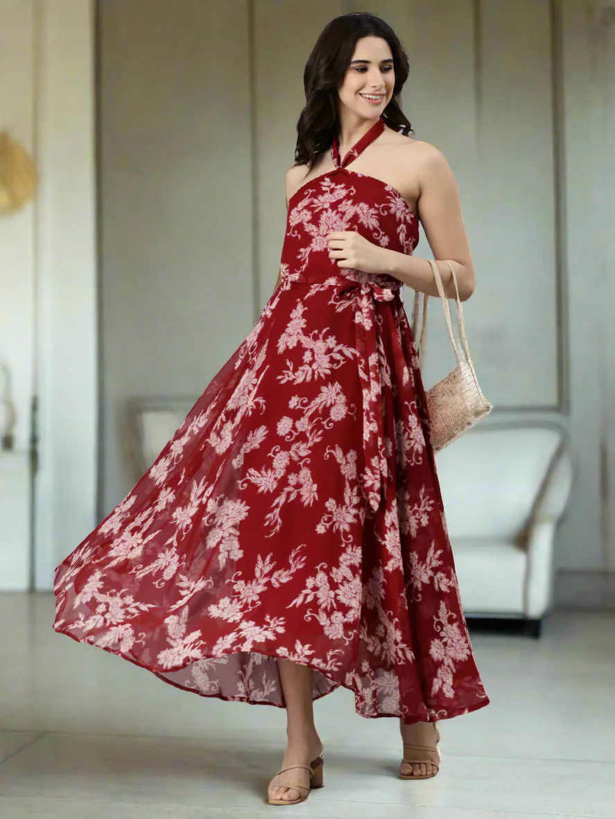 Women Maroon Floral Chiffon Dress - Image 4