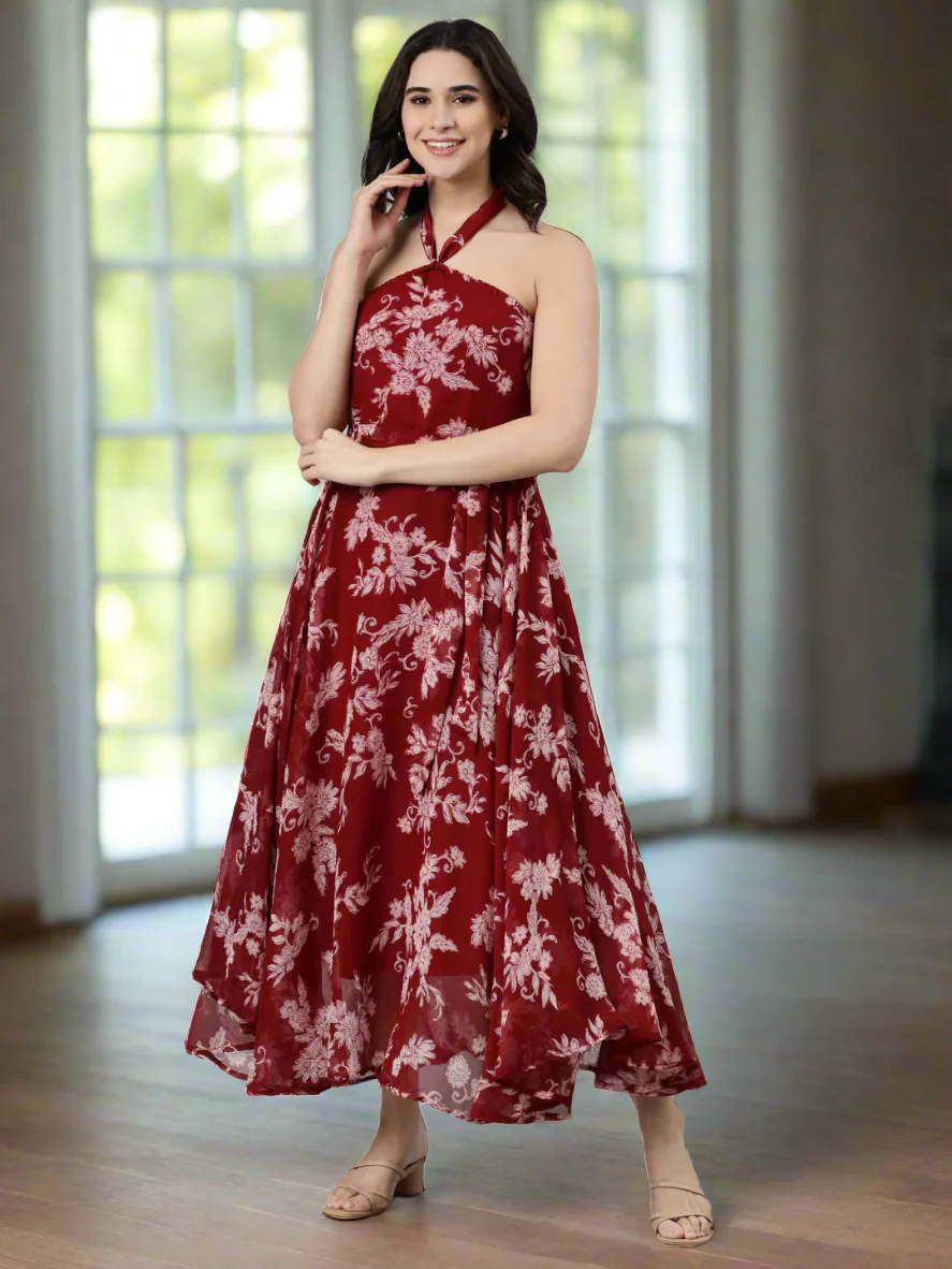 Women Maroon Floral Chiffon Dress - Image 5