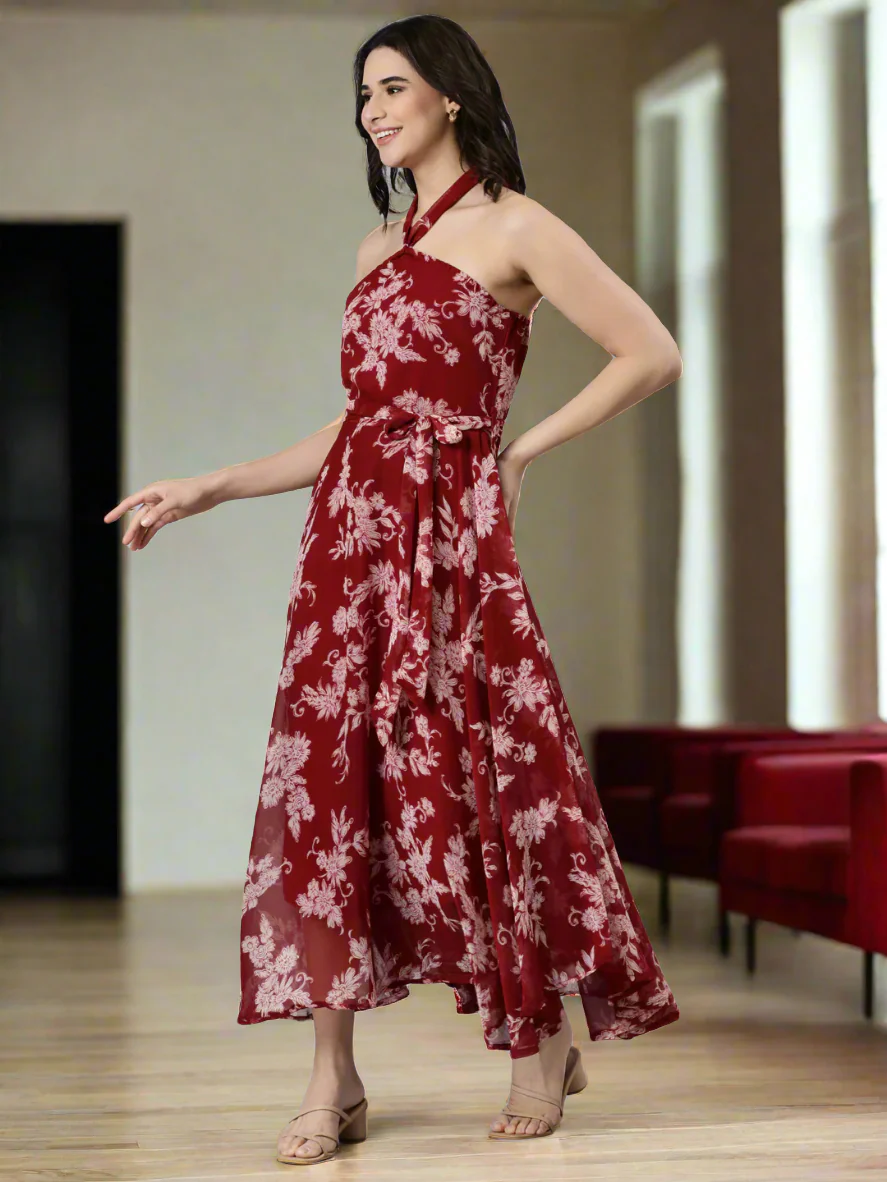 Women Maroon Floral Chiffon Dress - Image 6