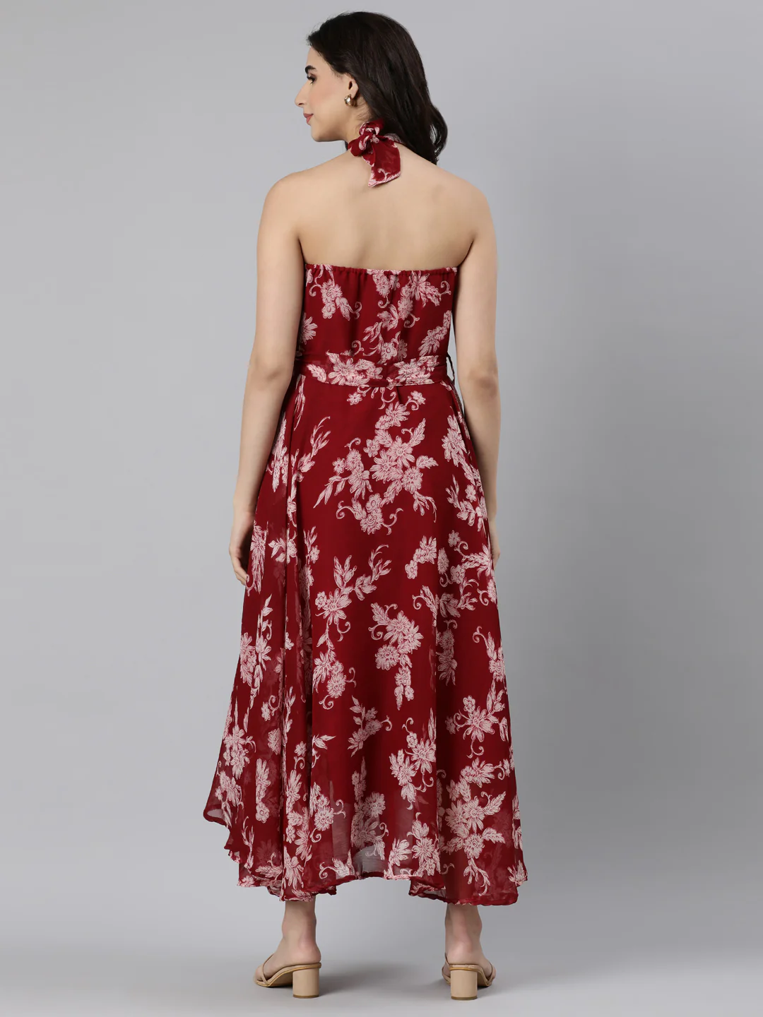 Women Maroon Floral Chiffon Dress - Image 8