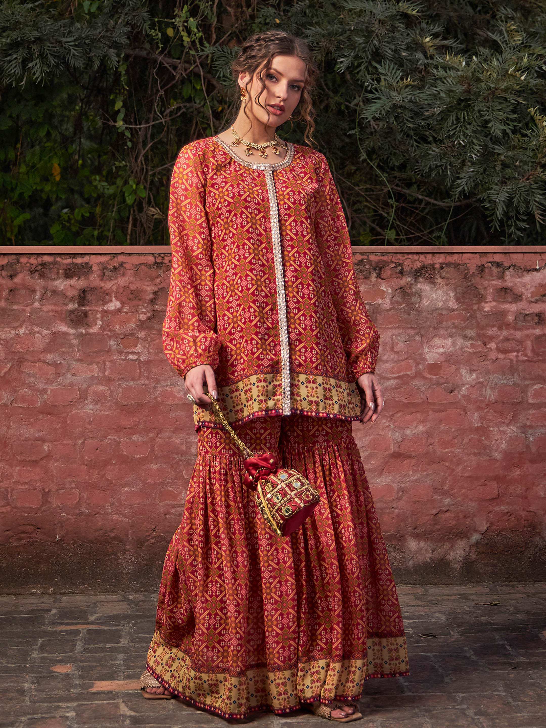 Women Maroon Floral Front Placket Top With Sharara Pants - Image 2