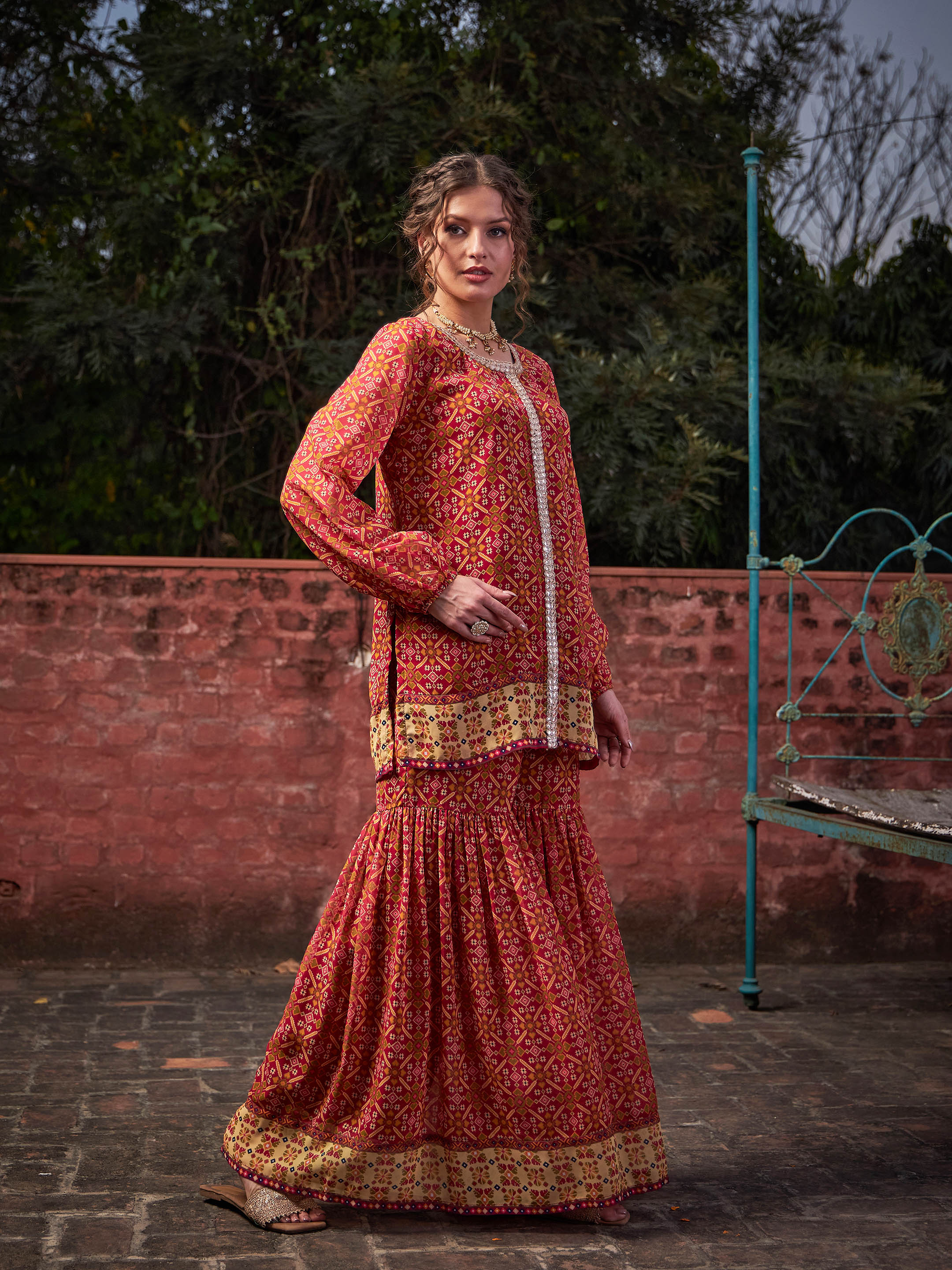 Women Maroon Floral Front Placket Top With Sharara Pants - Image 3