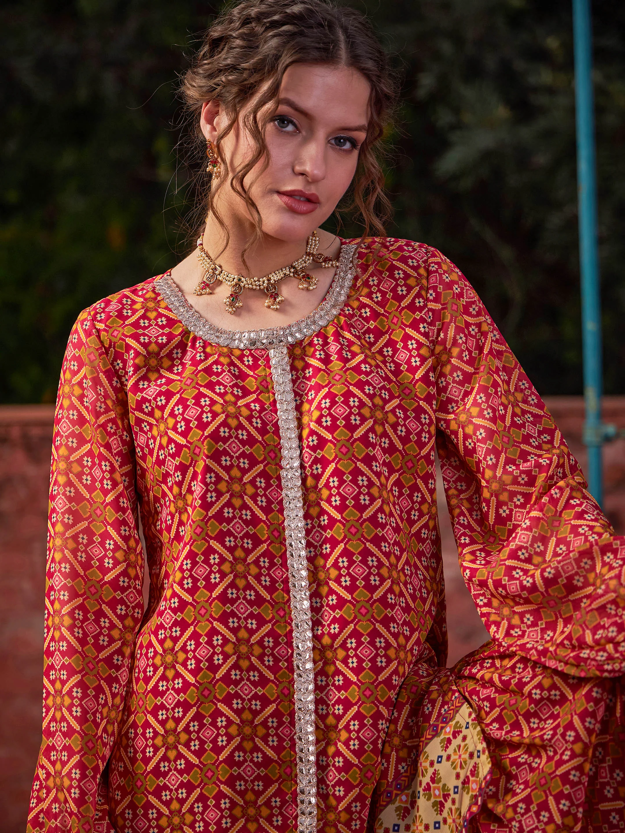 Women Maroon Floral Front Placket Top With Sharara Pants - Image 4