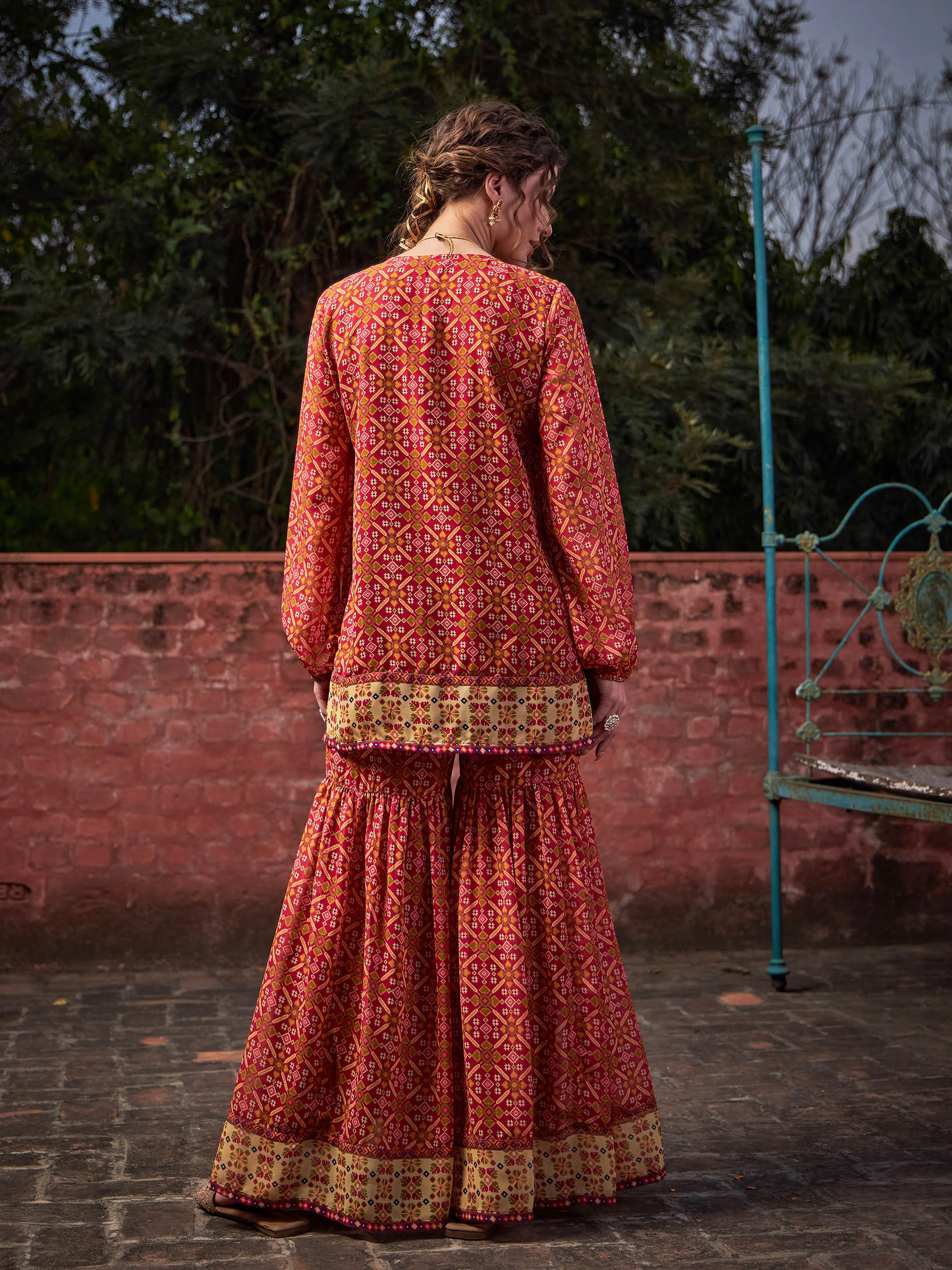 Women Maroon Floral Front Placket Top With Sharara Pants - Image 5