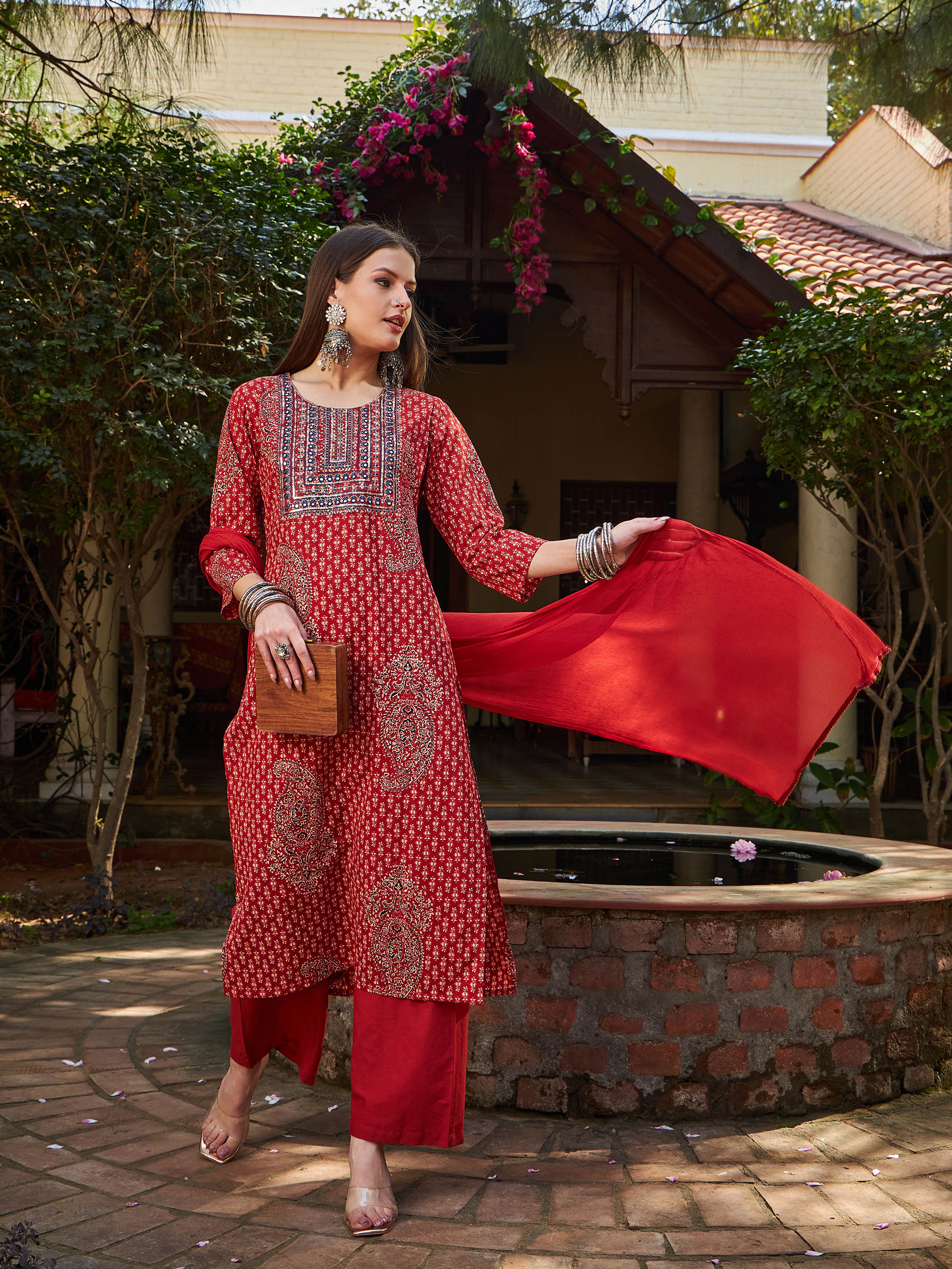 Women Maroon Floral Front Yoke Kurta With Pencil Pants & Dupatta - Image 2