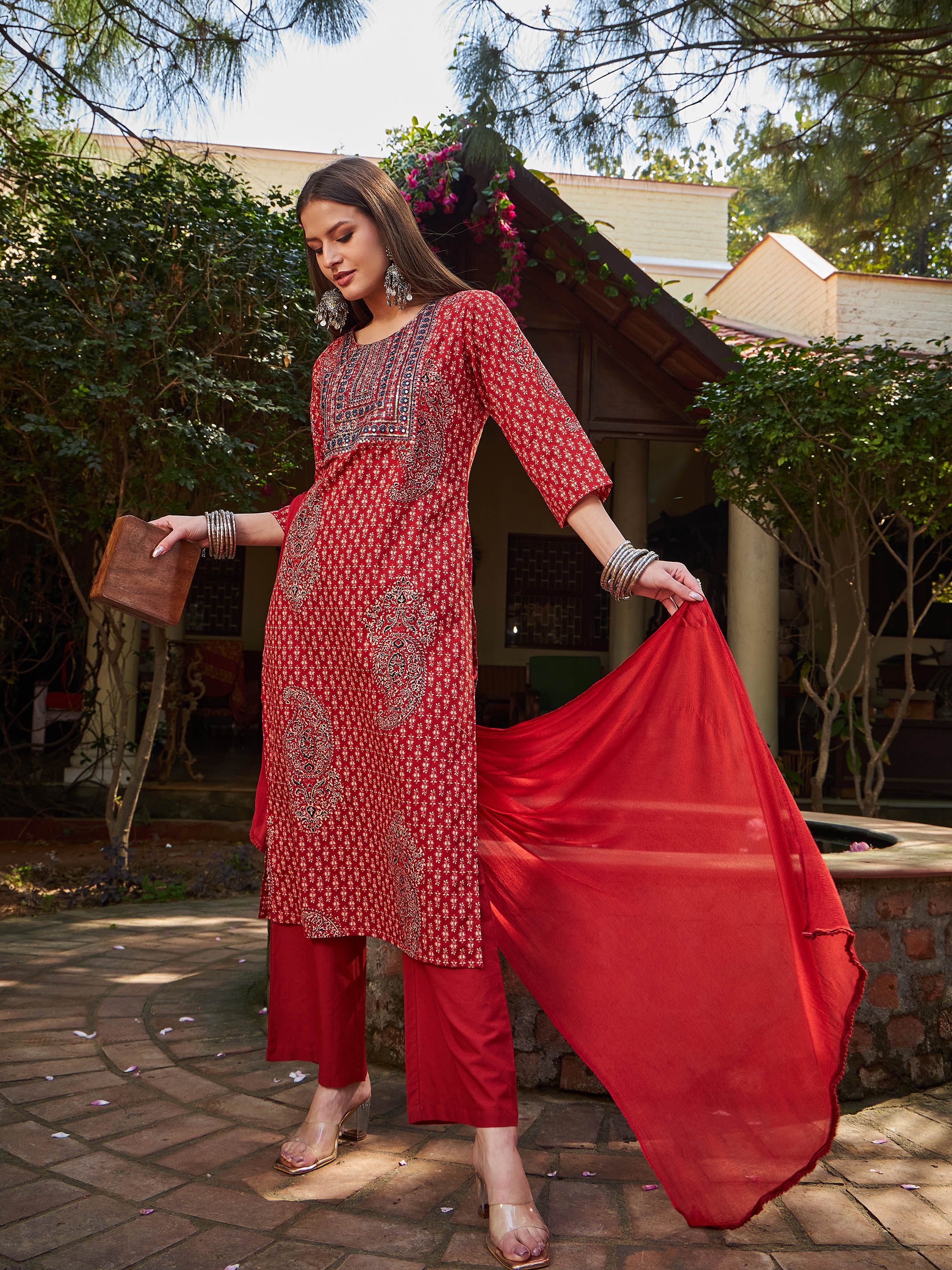 Women Maroon Floral Front Yoke Kurta With Pencil Pants & Dupatta - Image 3